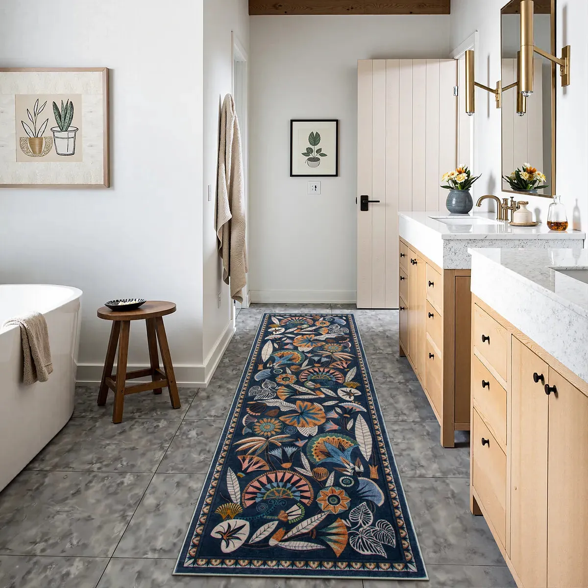 Zaya Botanical Runner Rug Machine Washable - Navy Blue, Faux Wool product