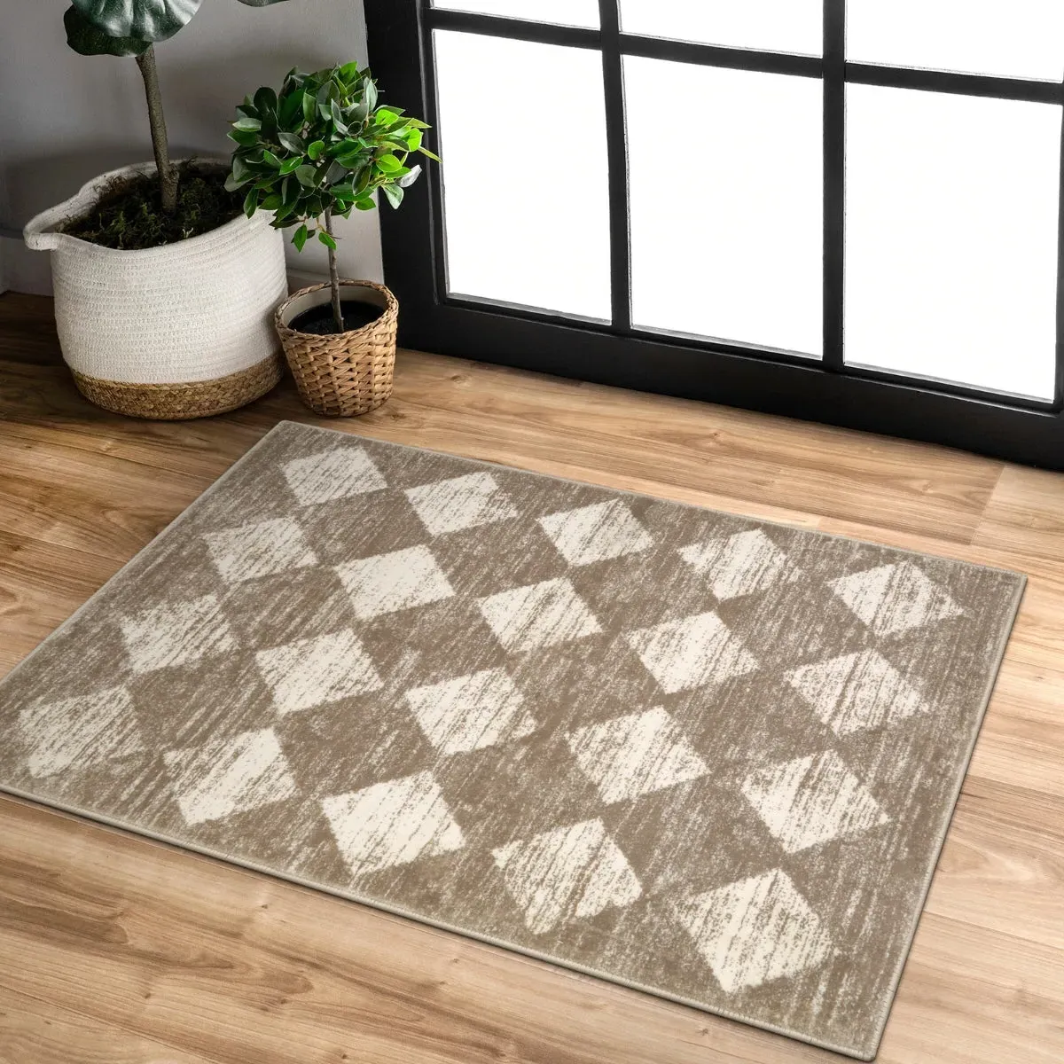 Zelie Geometric Diamond Checkered Rug - Beige, Faux Wool product