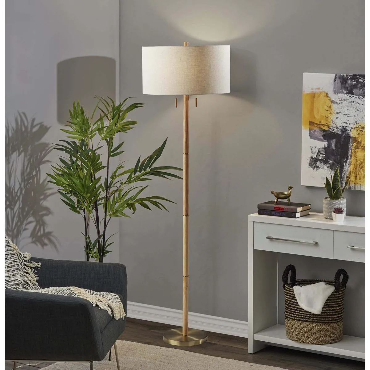 Madeline 2-Light Floor Lamp - Natural Rubberwood, Antique Brass alternate view