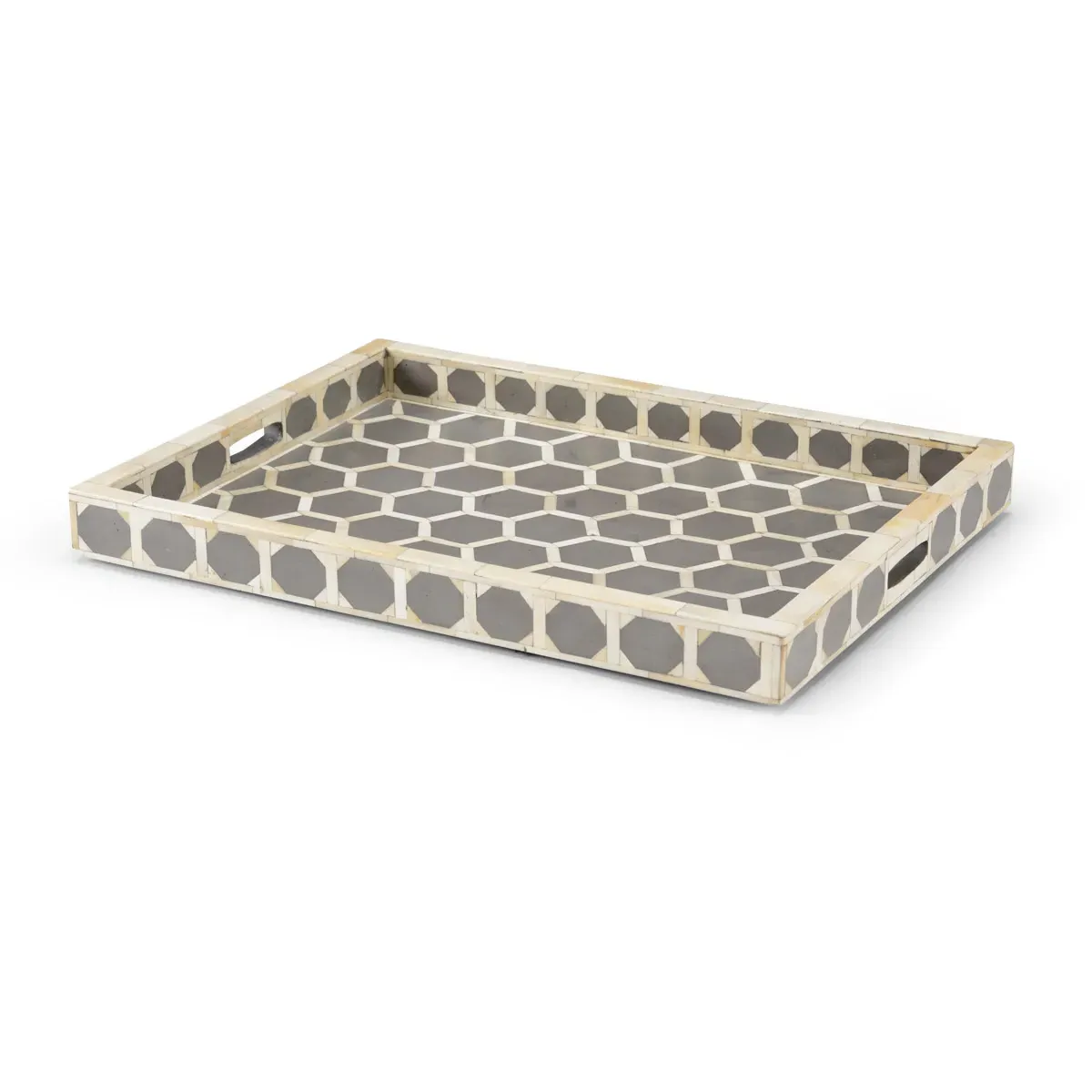 Honeycomb Pattern Decorative Tray - Gray/White, Wood/Bone Inlay product