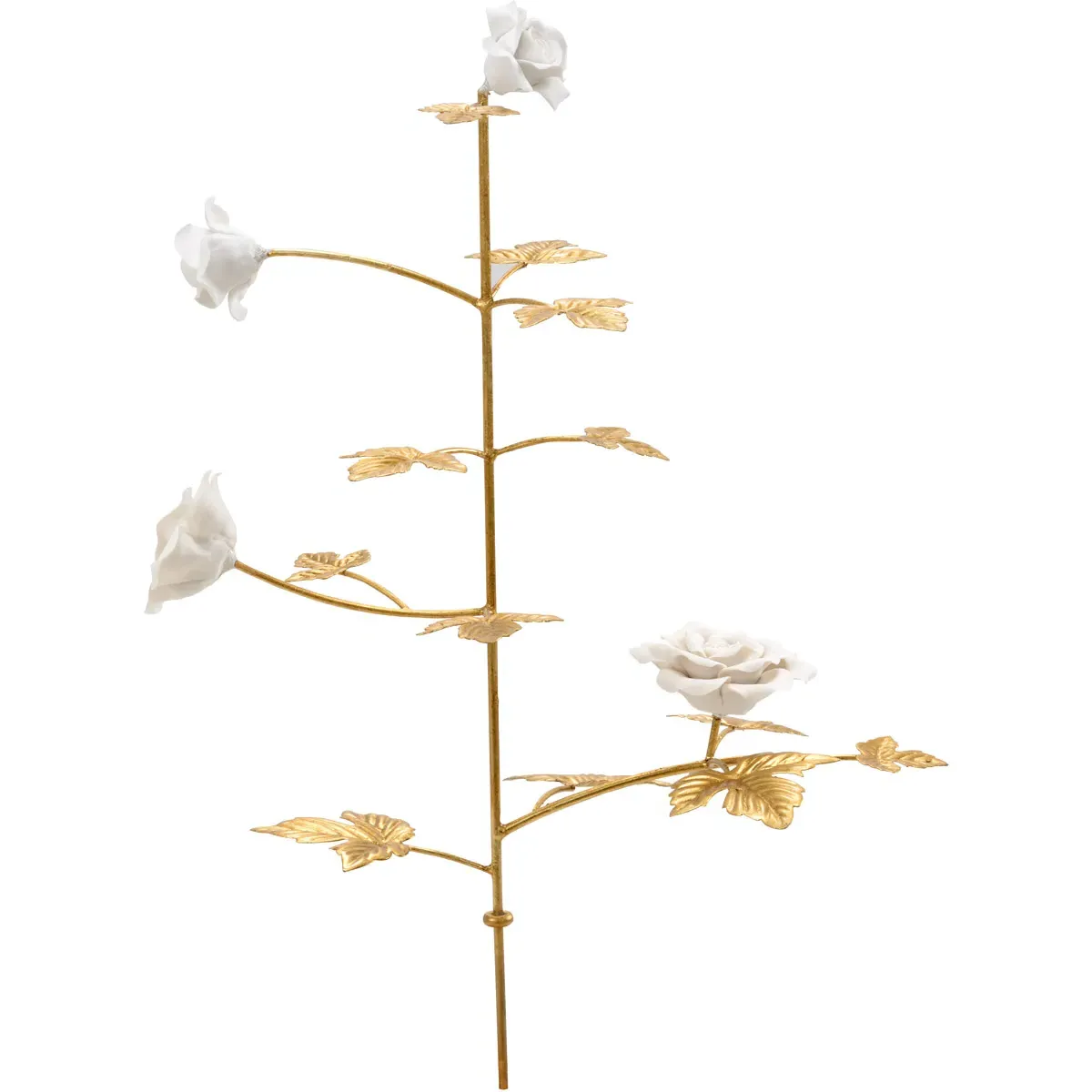 Medium Rose Stem Accent - White, Antique Gold Leaf, Porcelain/Iron product