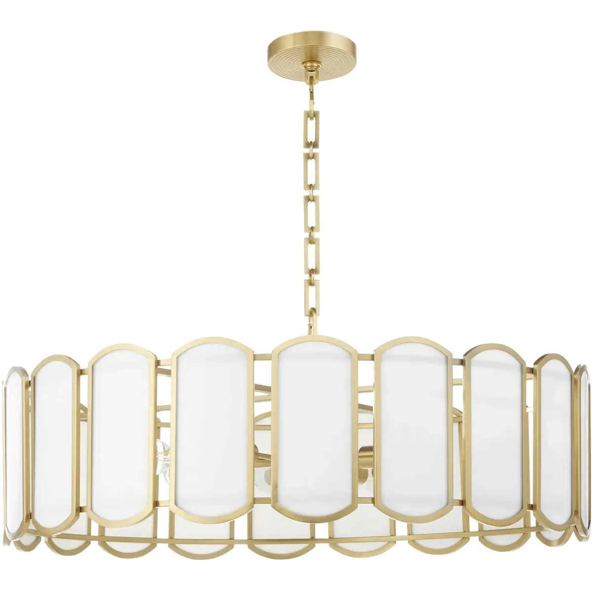 Belleview 8-Light 38 Inch Pendant - Aged Brass, White Tiffany Glass product