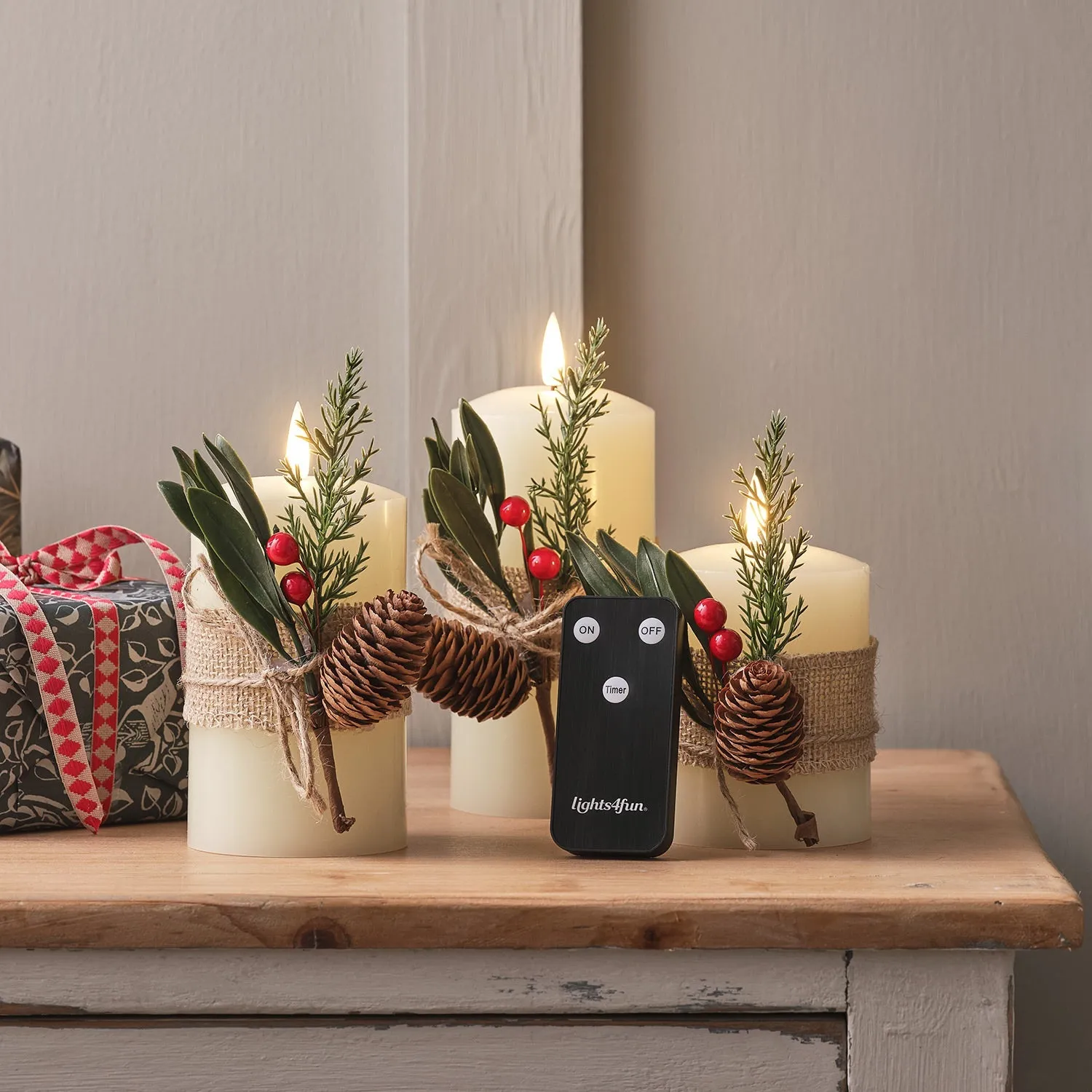 3-Piece LED Pillar Candles - Winter Foliage alternate view