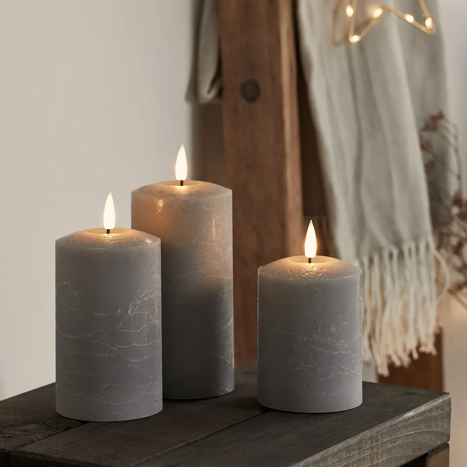 3-Piece TruGlow Distressed LED Pillar Candle Set with Remote - Grey, Wax alternate view