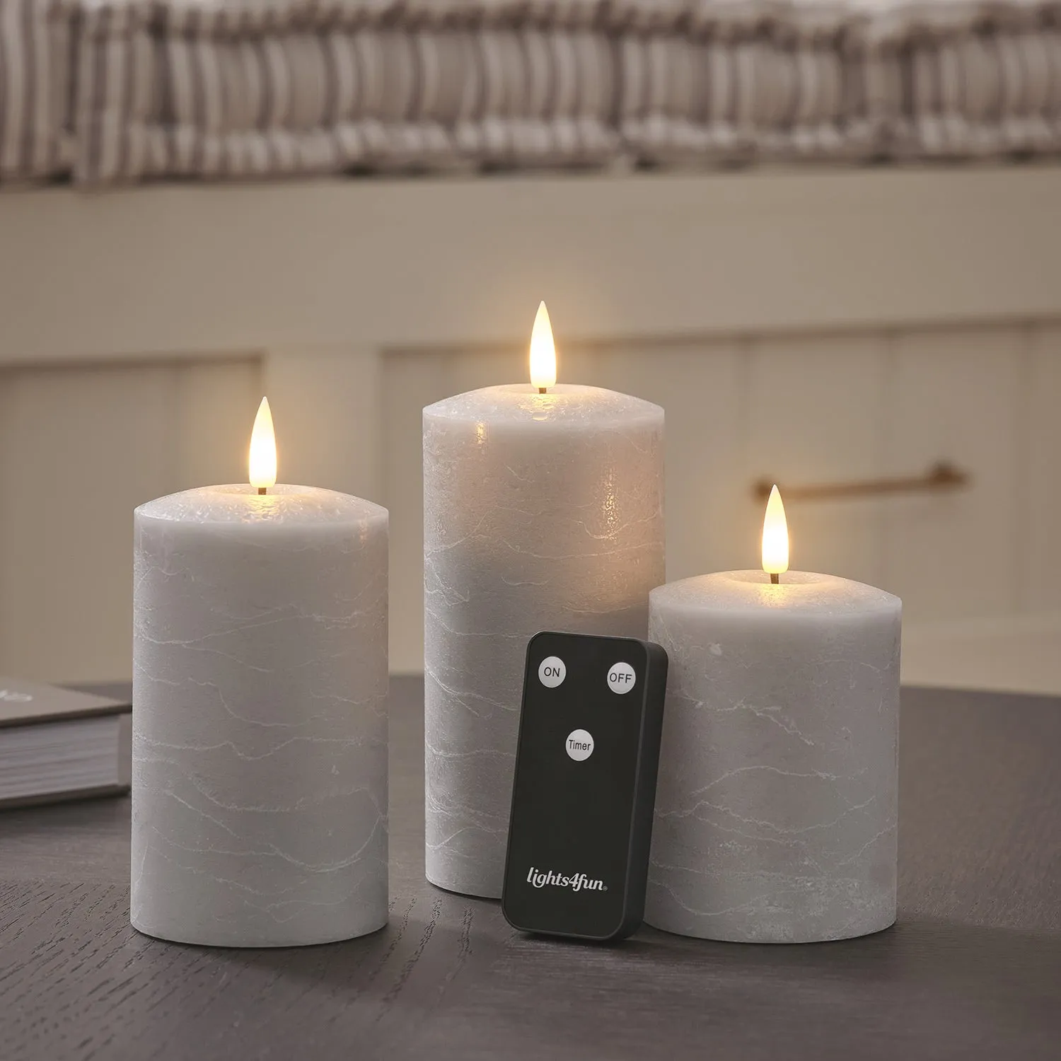3-Piece TruGlow Distressed LED Pillar Candle Set with Remote - Grey, Wax product