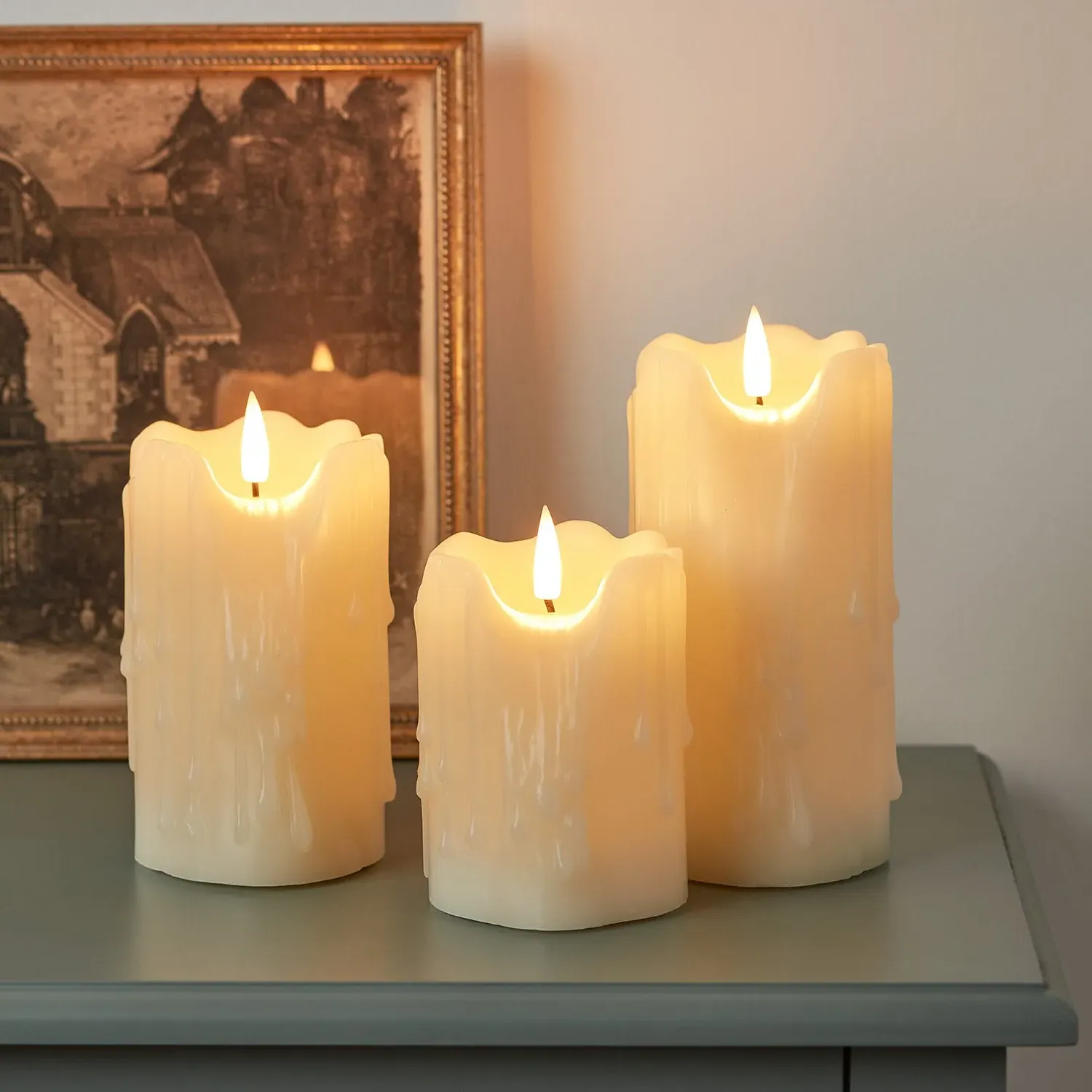 TruGlow 3-Piece Heavy Dripping LED Pillar Candle Set with Remote - Ivory product