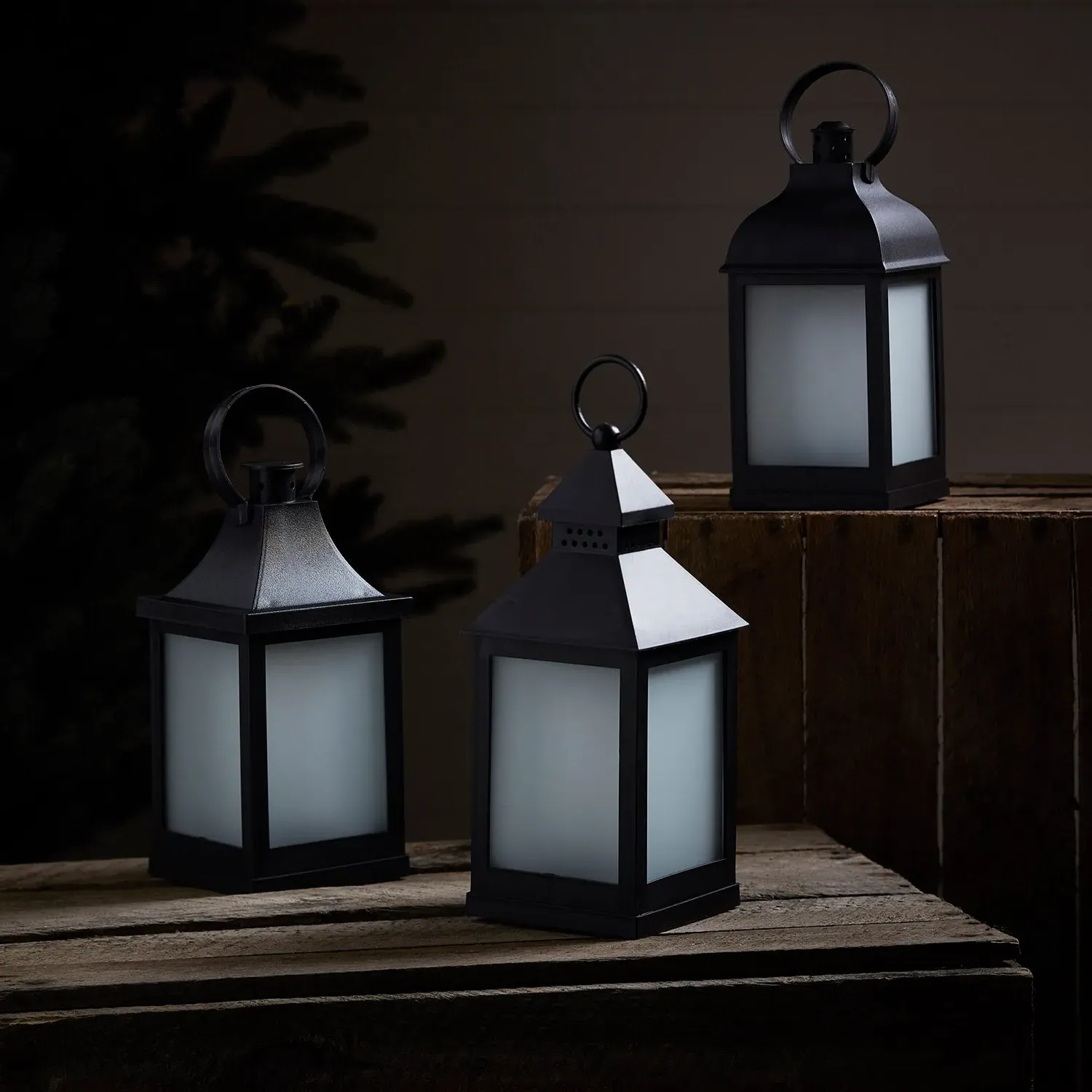 3 Flame Effect Garden Lanterns - Black, Metal alternate view