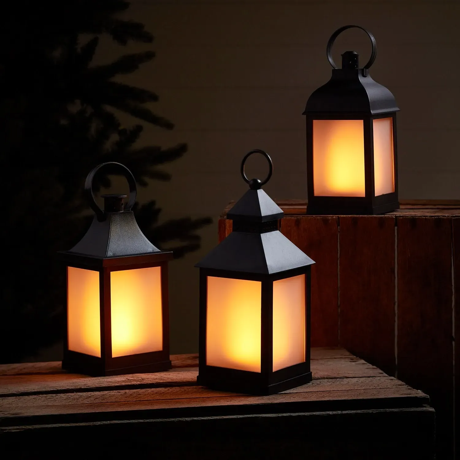 3 Flame Effect Garden Lanterns - Black, Metal product