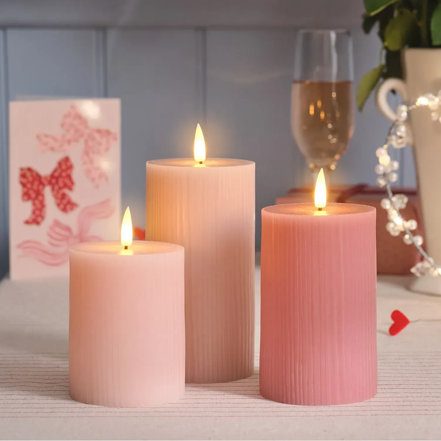 3-Piece LED Pillar Candle Set - Pink, Ribbed Wax alternate view