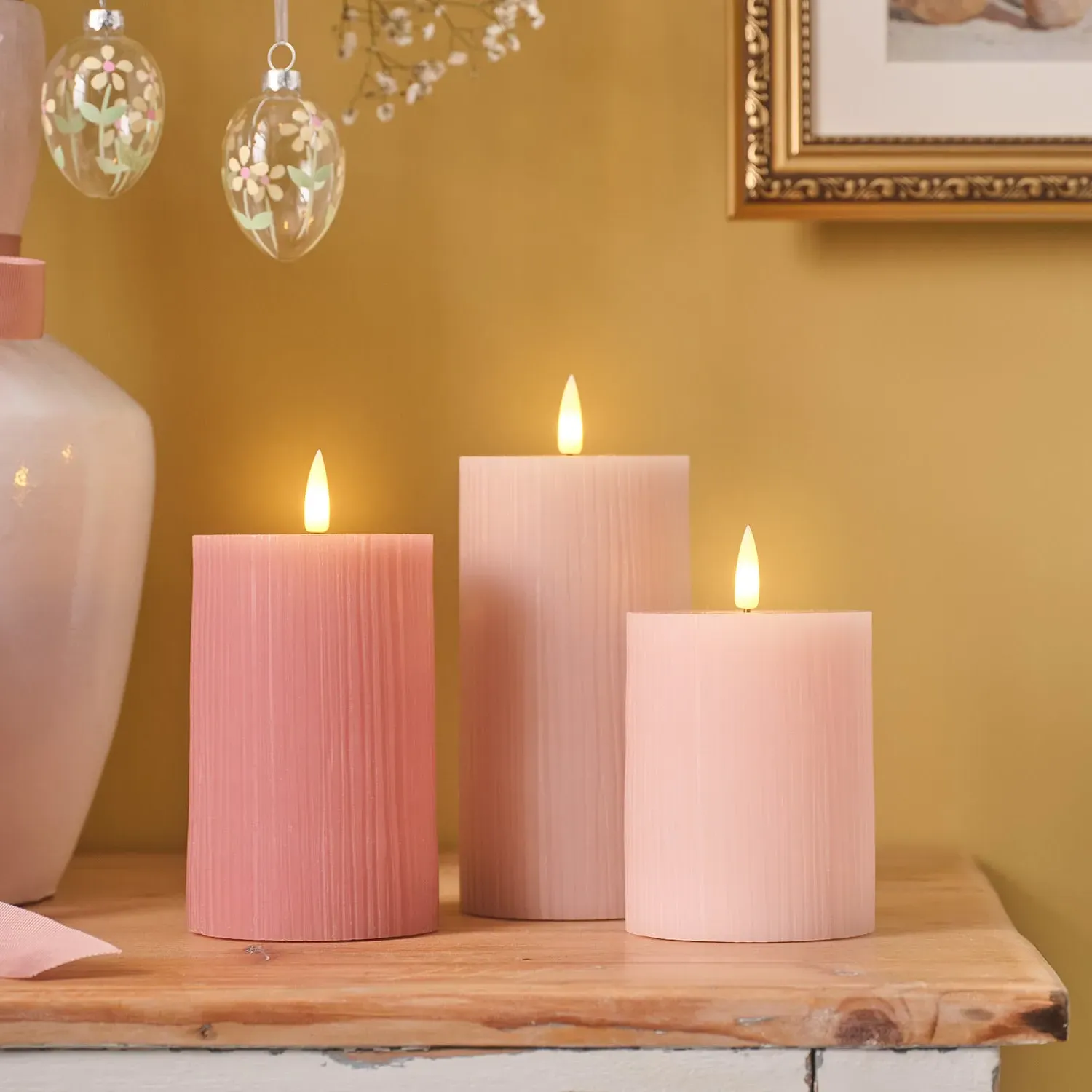 3-Piece LED Pillar Candle Set - Pink, Ribbed Wax product