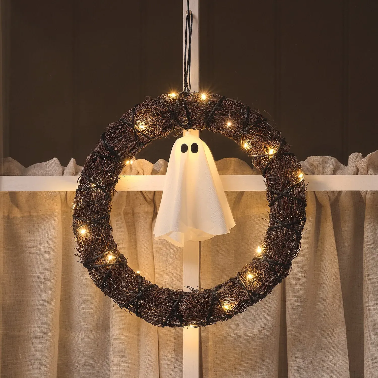 30cm Halloween Wreath with Hanging Ghost & LED Lights - Black alternate view