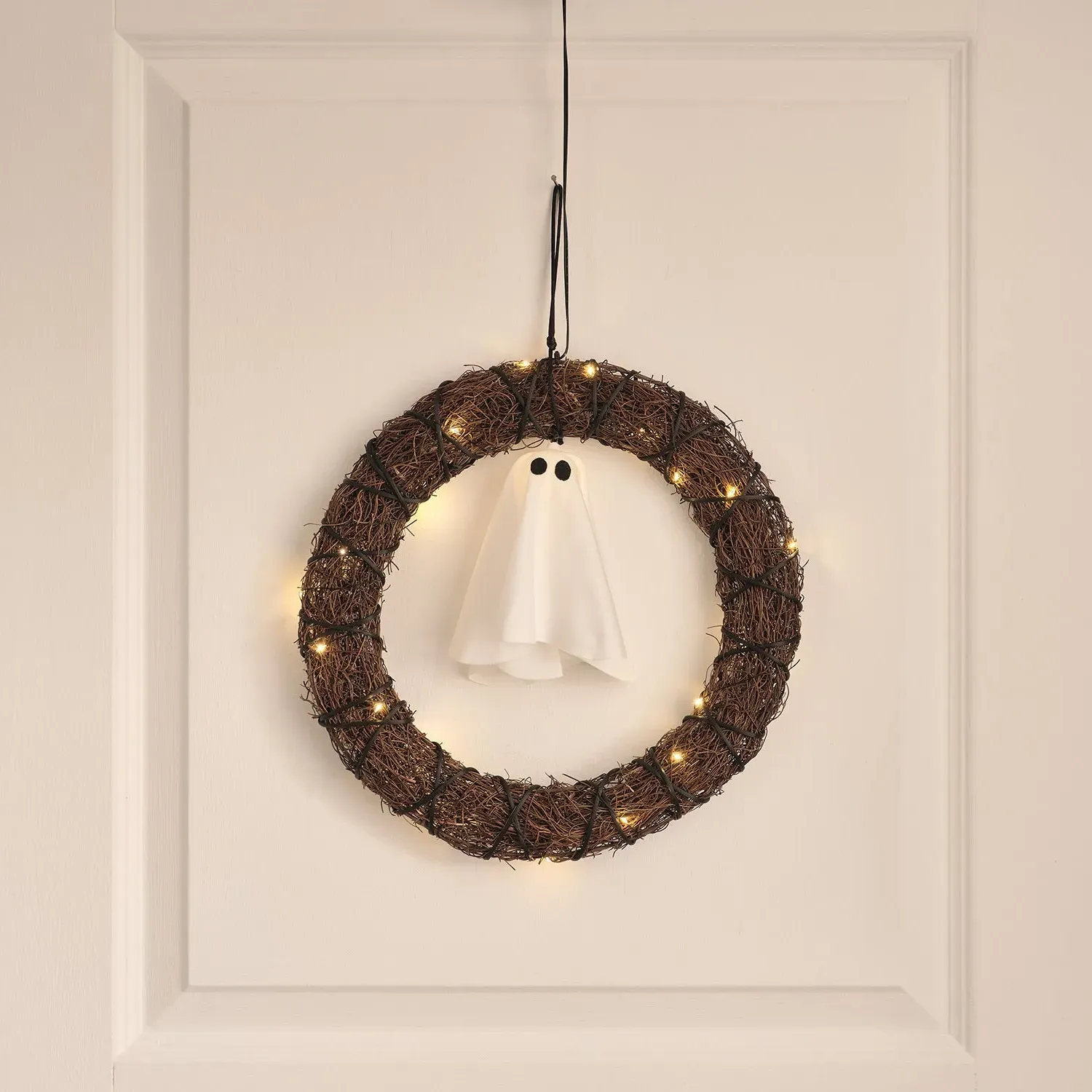 30cm Halloween Wreath with Hanging Ghost & LED Lights - Black product