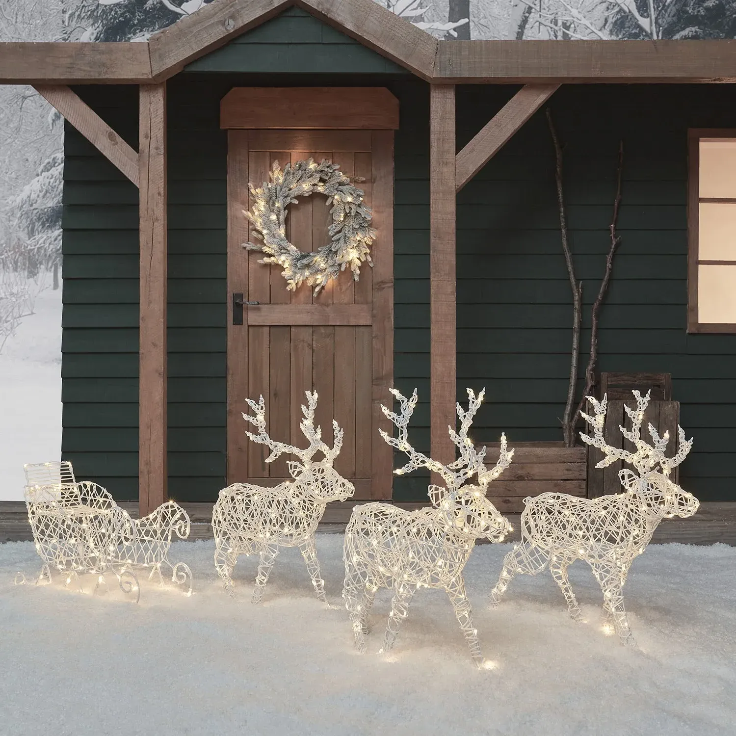 Arkendale LED Battery Reindeer and Sleigh - White, Rattan product