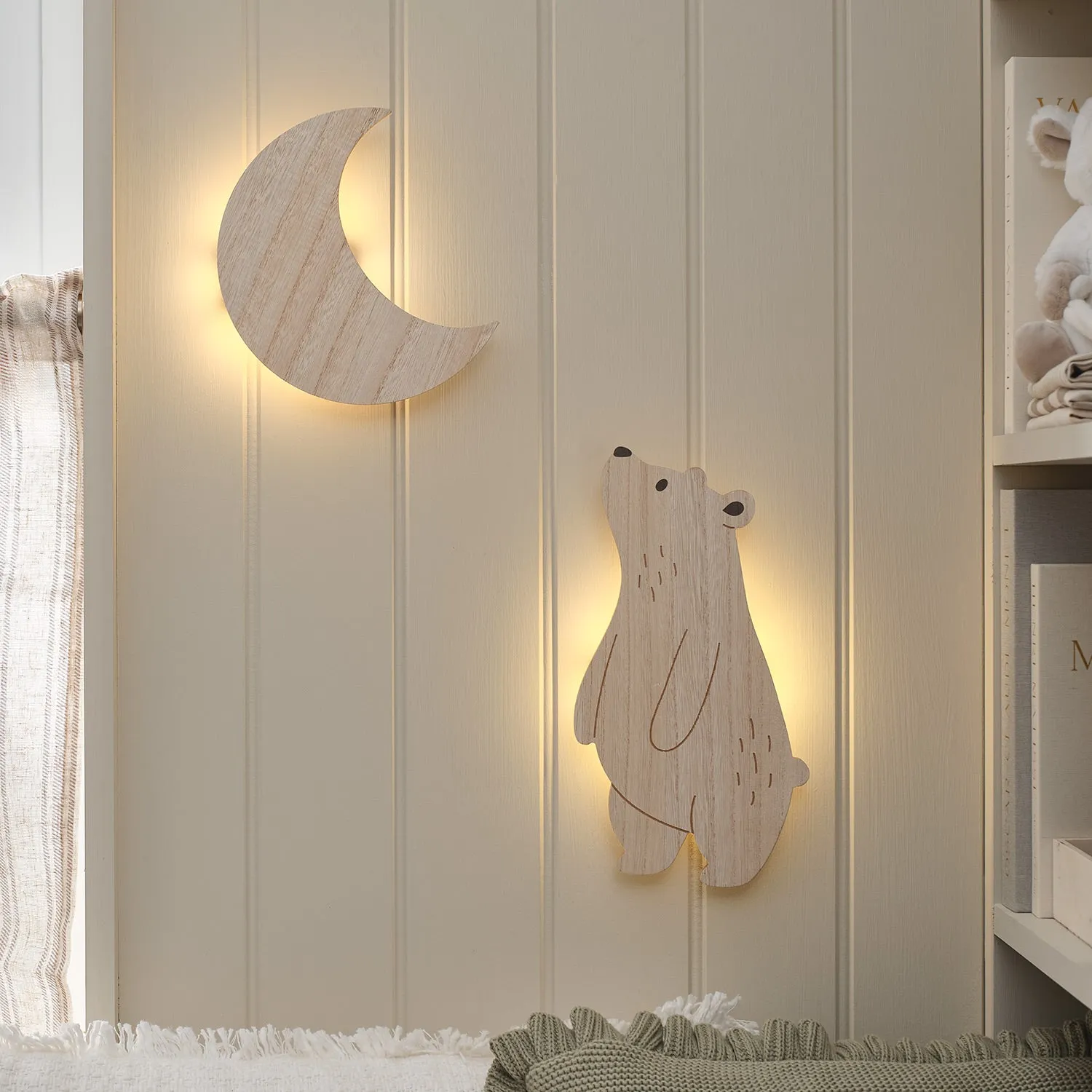Bear & Moon Wall Lights with Timer - Warm White, Wood product