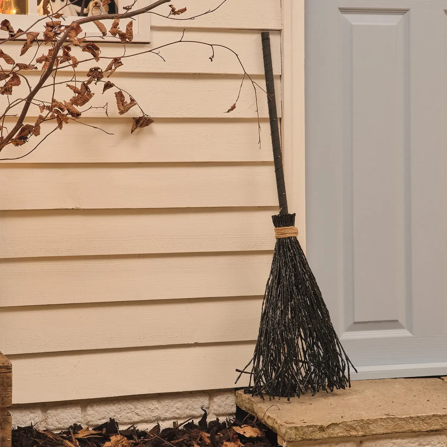 Black Witches Broom Outdoor LED Halloween Decoration - Warm White alternate view