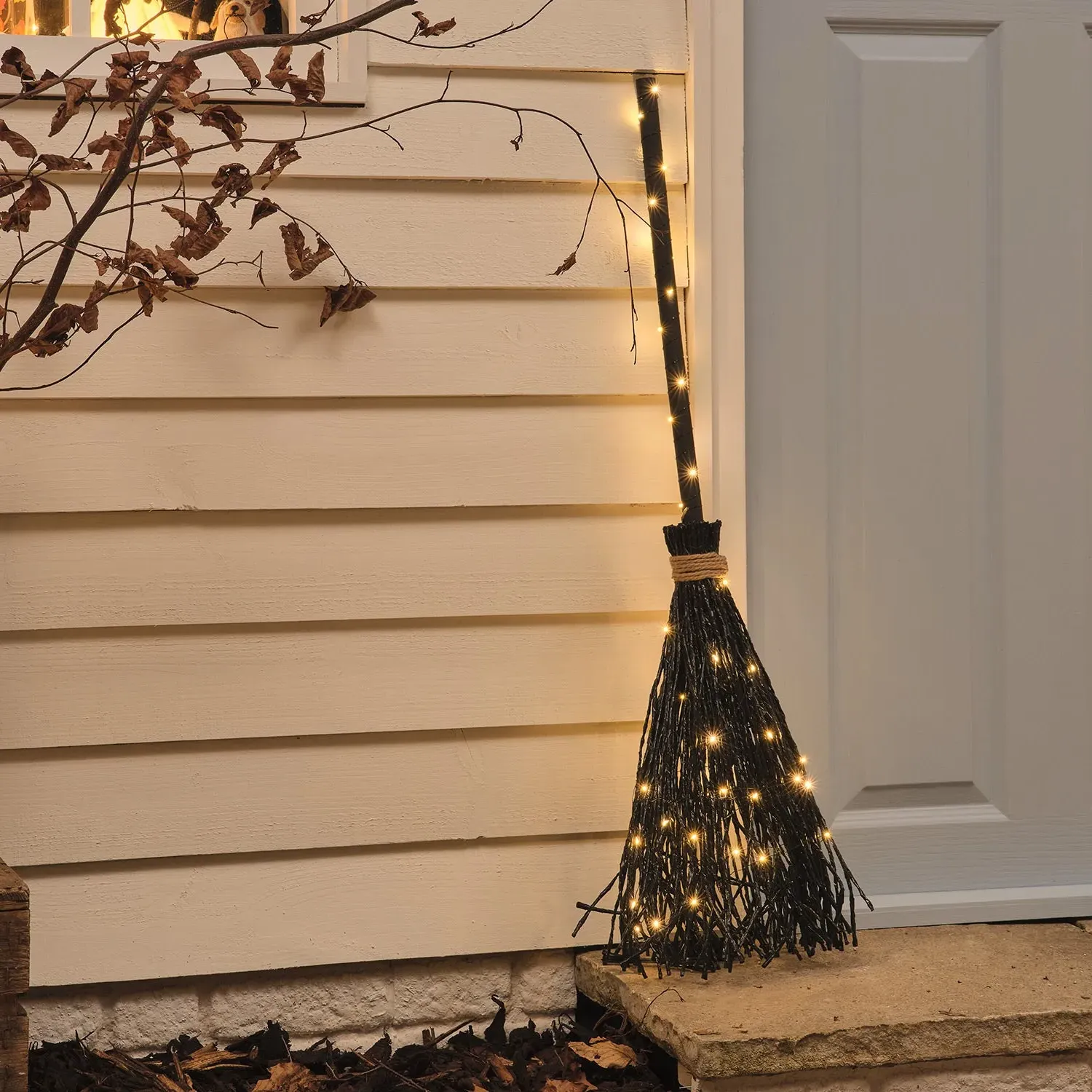 Black Witches Broom Outdoor LED Halloween Decoration - Warm White product