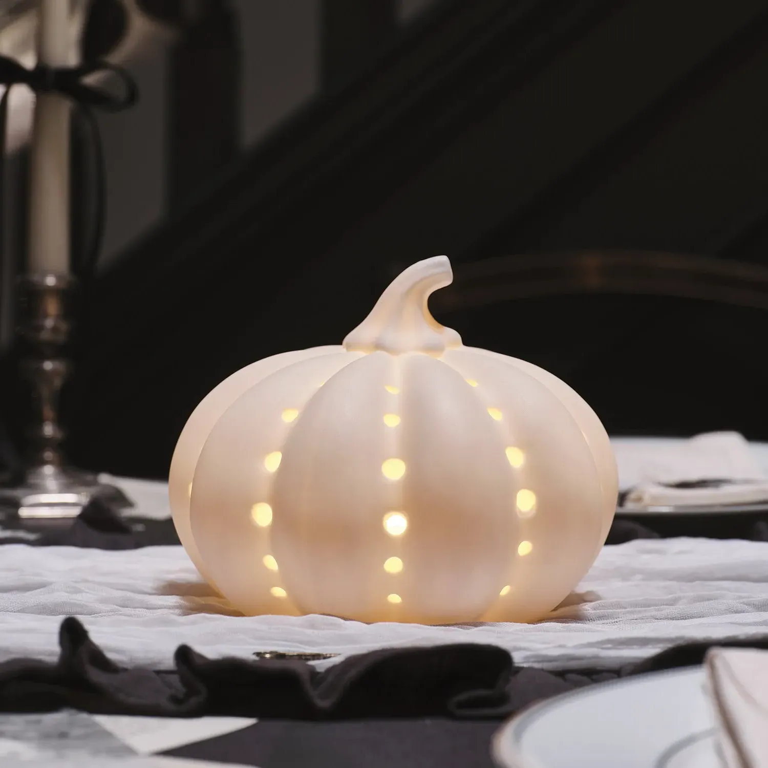 Ceramic Pumpkin LED Light with Timer - White, Ceramic product