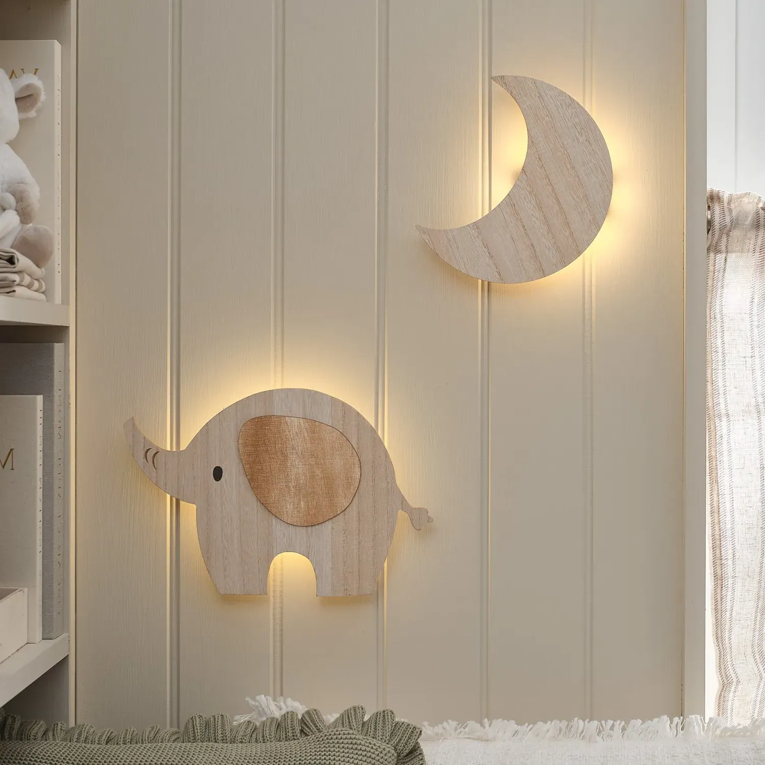 Elephant & Moon Wall Light with Timer - Warm White, Wood product