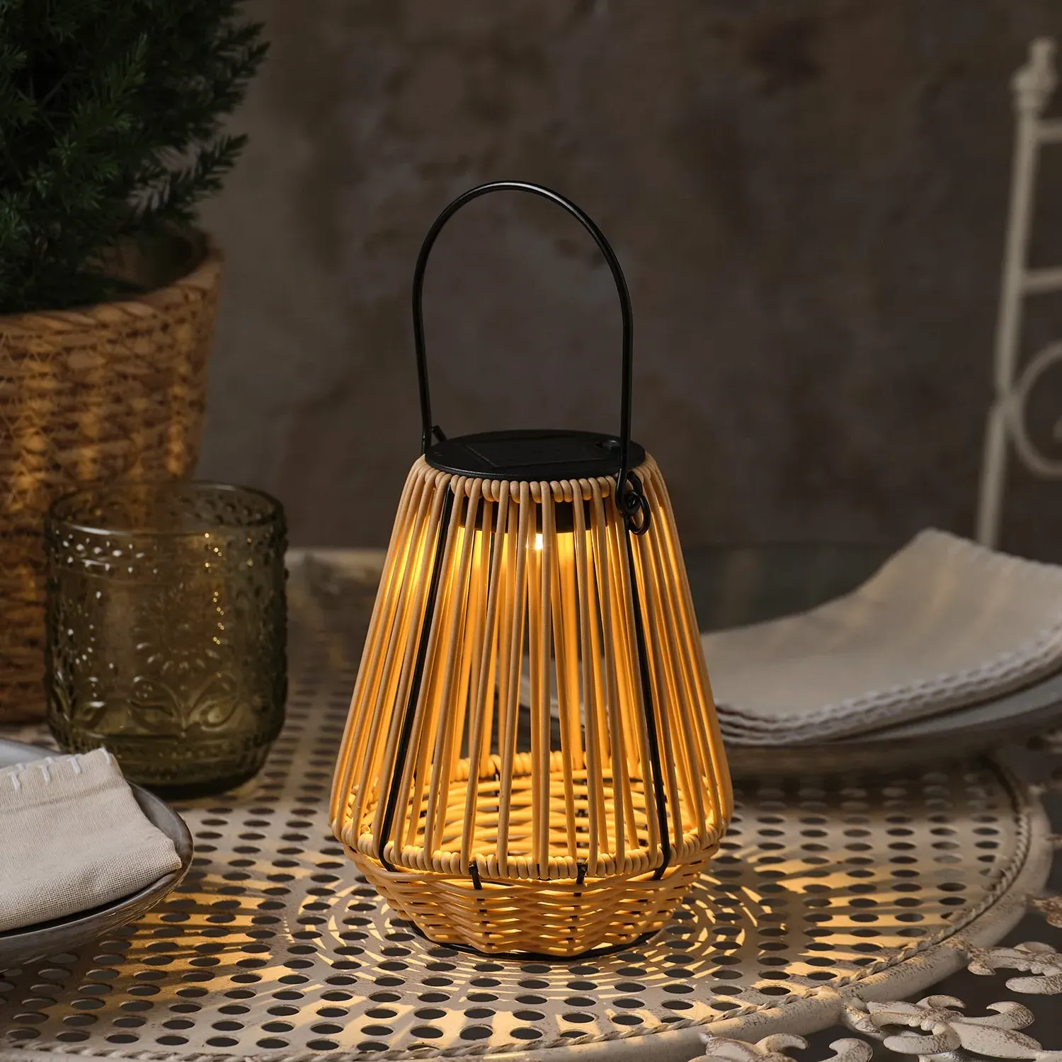 Hygge Wicker Style Solar Lantern - Warm White, Faux Rattan alternate view