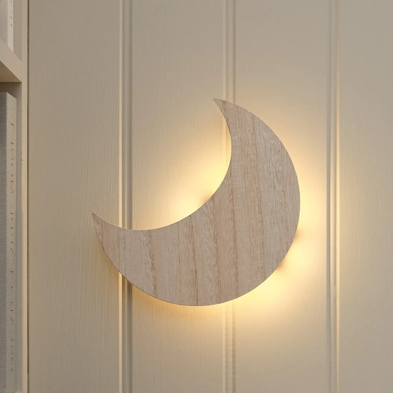 Moonbeam Crescent Moon Battery Wall Light - Warm White, Wood product