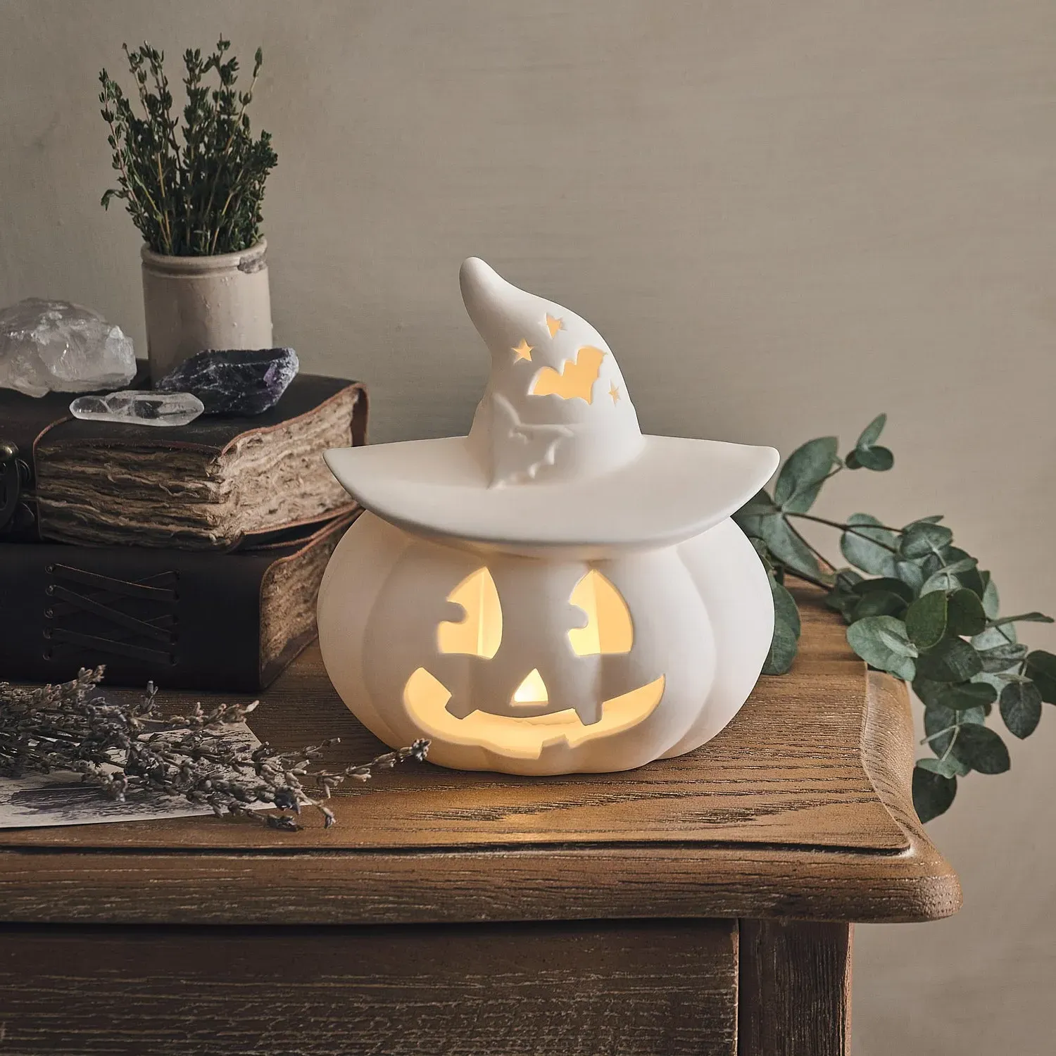 Porcelain LED Halloween Pumpkin Witch Decoration - Warm White product