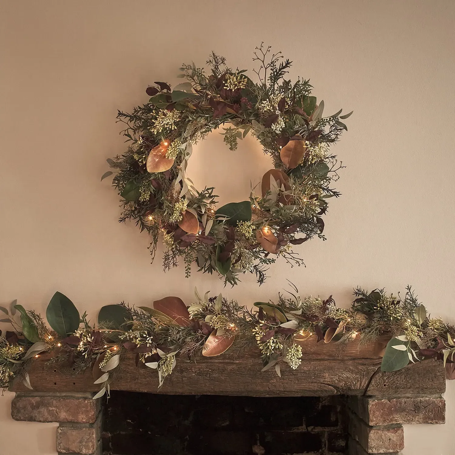 Pre-Lit Autumn & Christmas Wreath & Garland - Warm White product