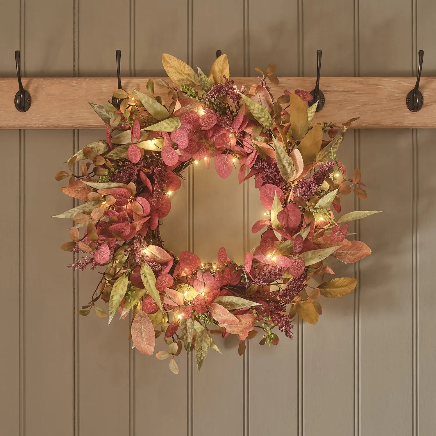 Pre Lit Autumn Winter Full Wreath - Burgundy, Faux Foliage product