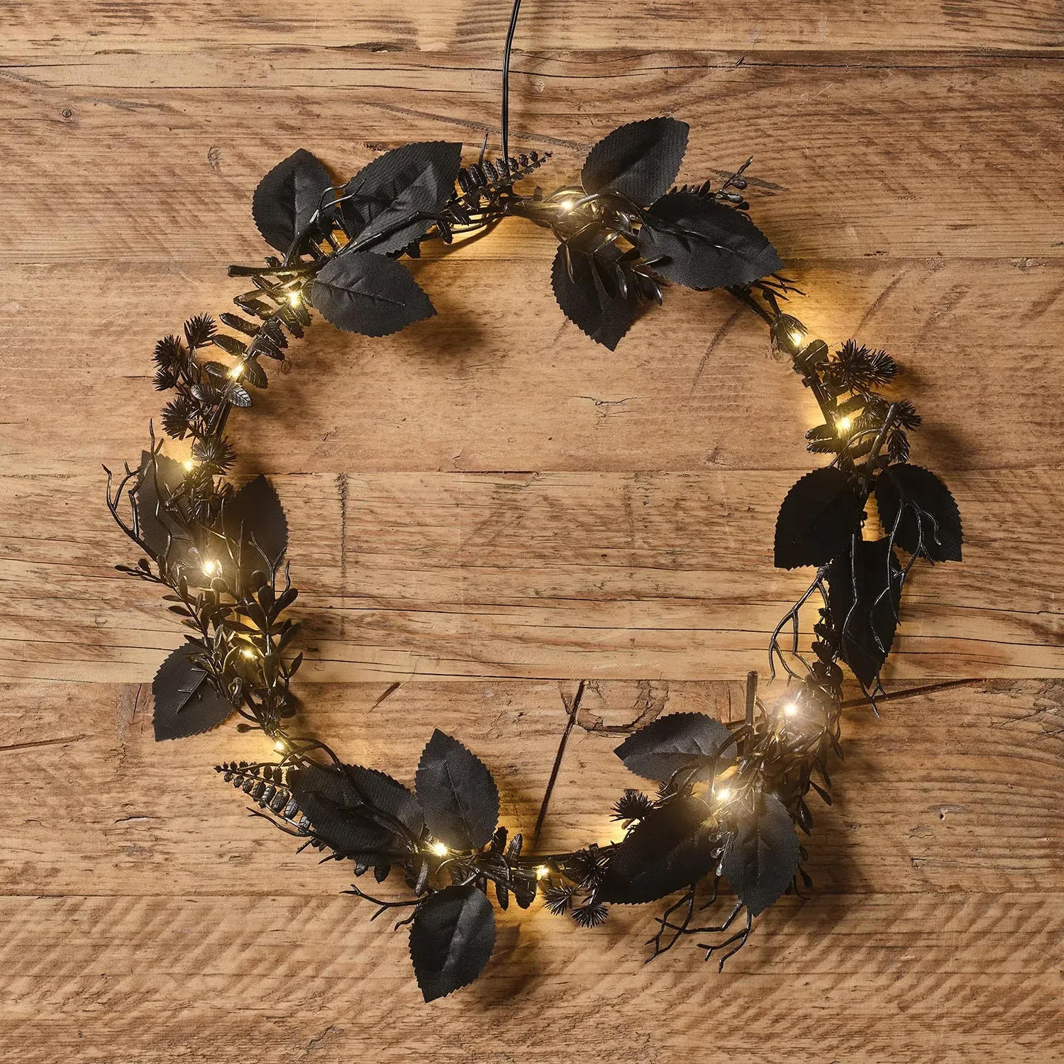 Pre-Lit Black Halloween Foliage Wreath - Warm White, Twig product