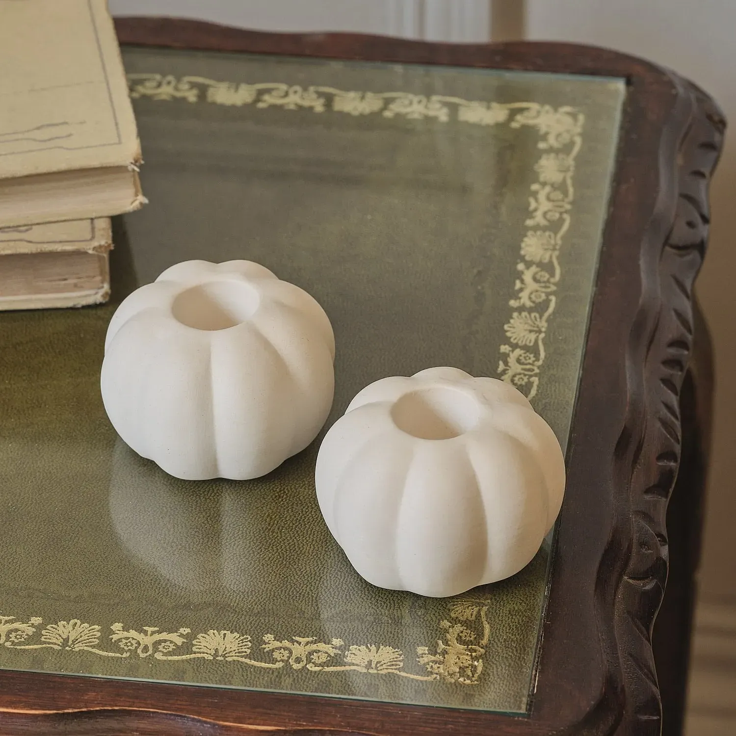 Pumpkin Taper Candle Holders Set of 2 - White, Ceramic product