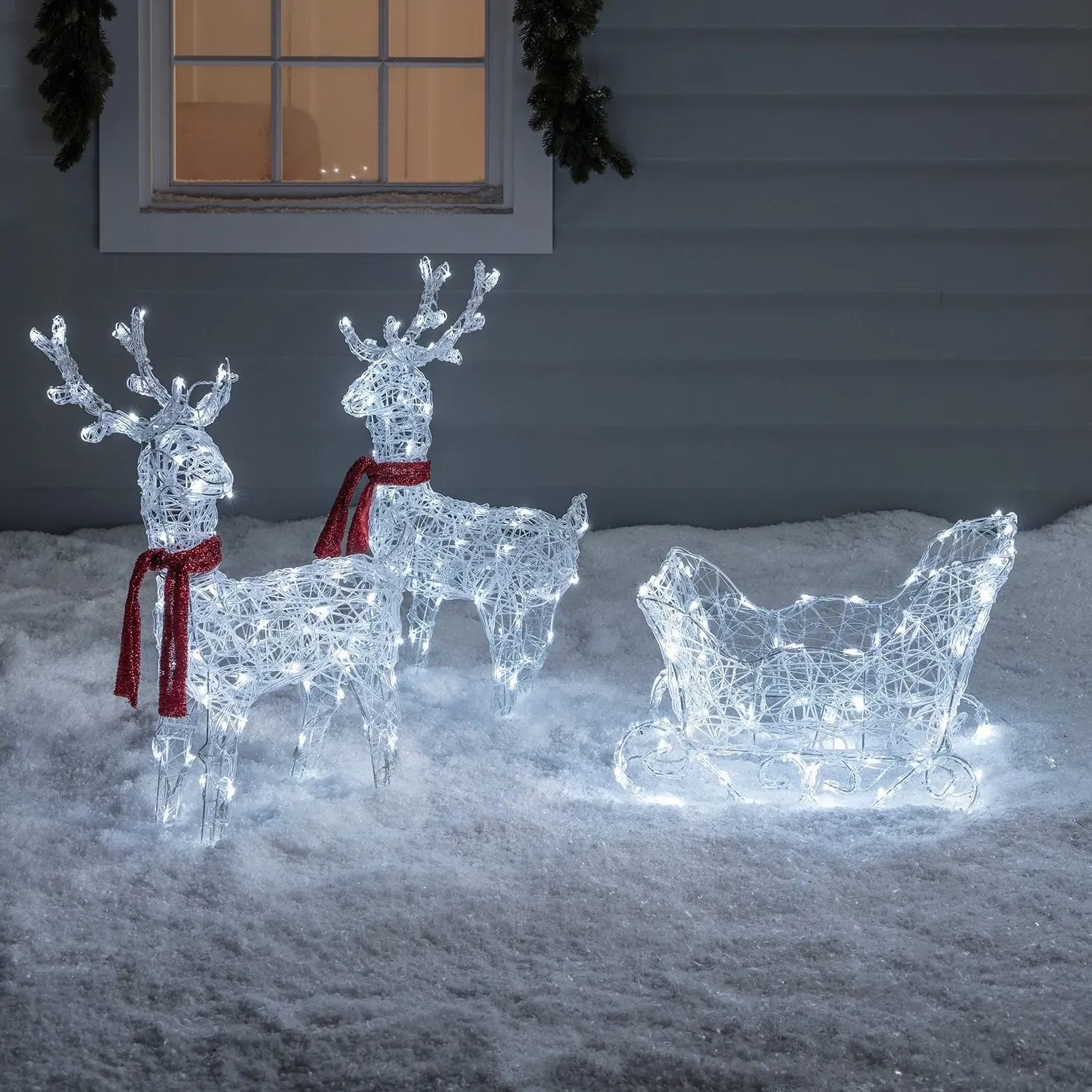 Reindeer & Sleigh Battery Christmas Figure - White, Acrylic product