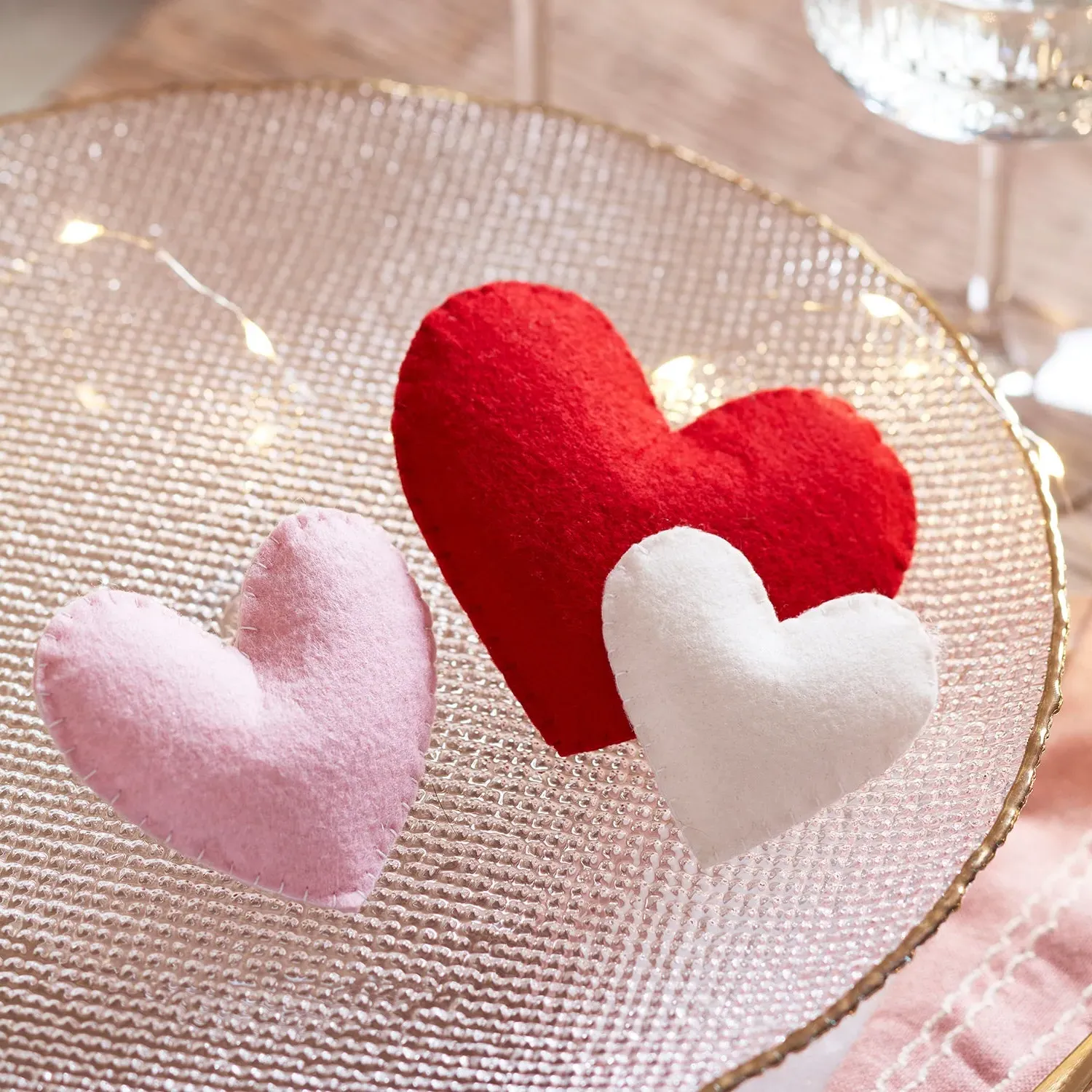 Set of 3 Felt Heart Decorations - Red, Cream, Pink product