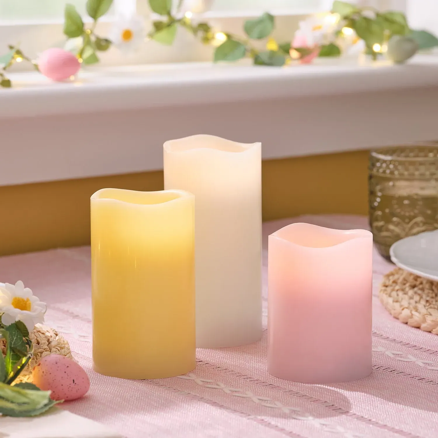 Set of 3 LED Pillar Candles with Timer - Pastel, Wax product