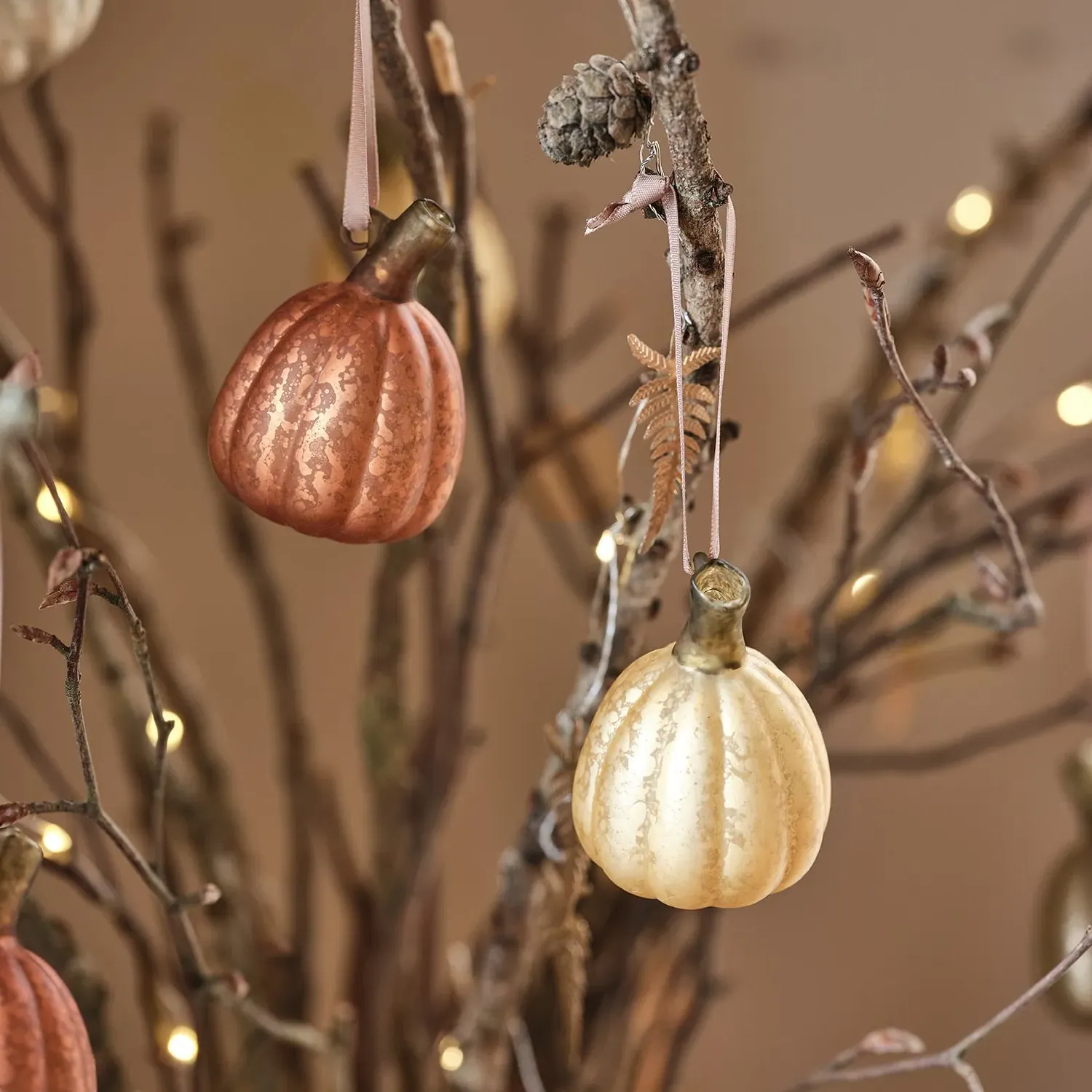 Set of 6 Mini Glass Pumpkin Tree Decorations - Mercury Effect alternate view