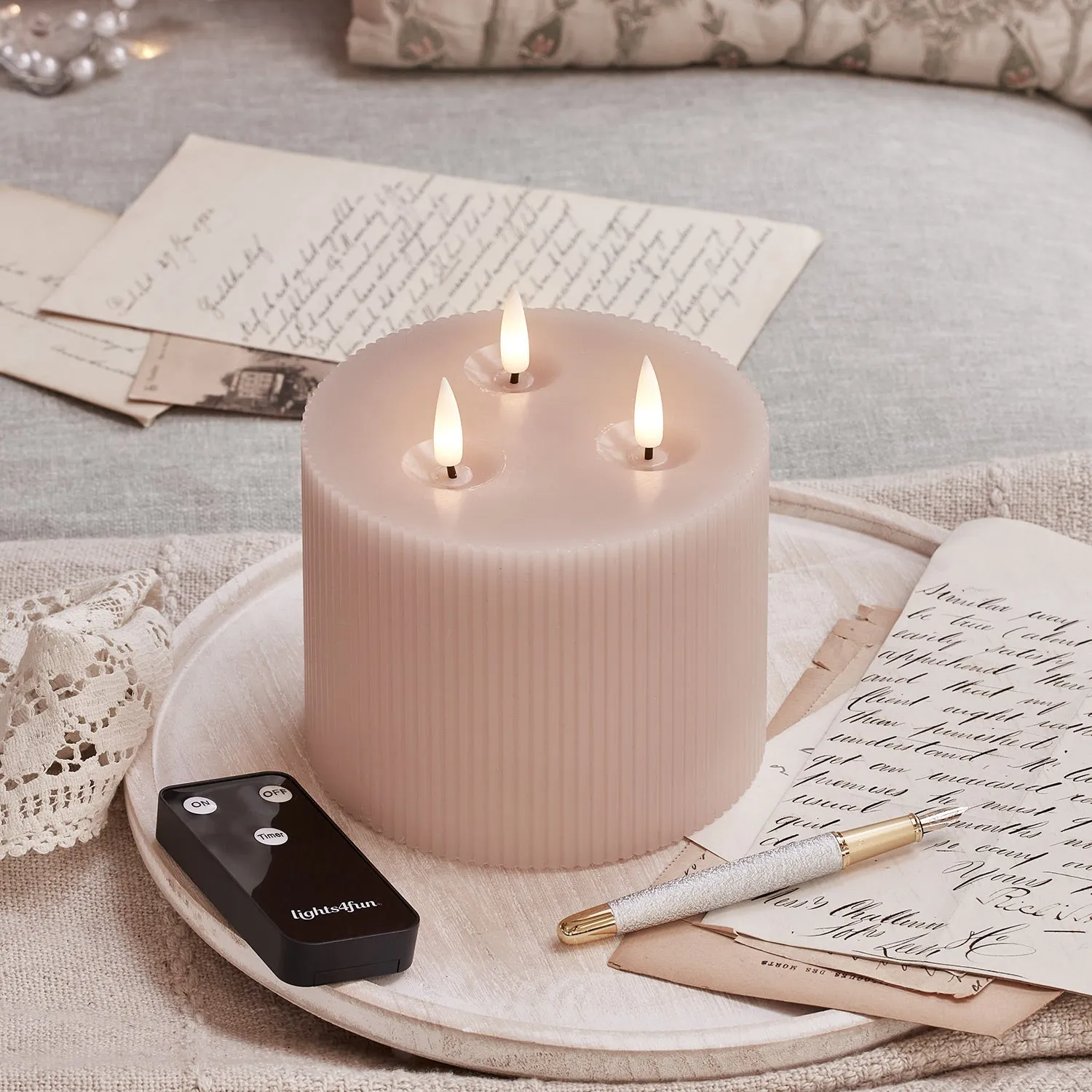 TruGlow 3-Wick Fluted LED Pillar Candle - Blush Pink, Real Wax product