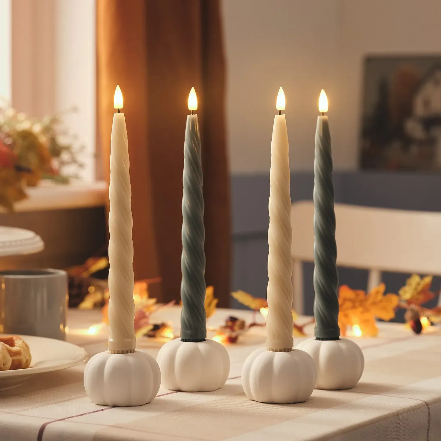 TruGlow Set of 4 Twisted LED Taper Candles with Ceramic Pumpkin Holders product