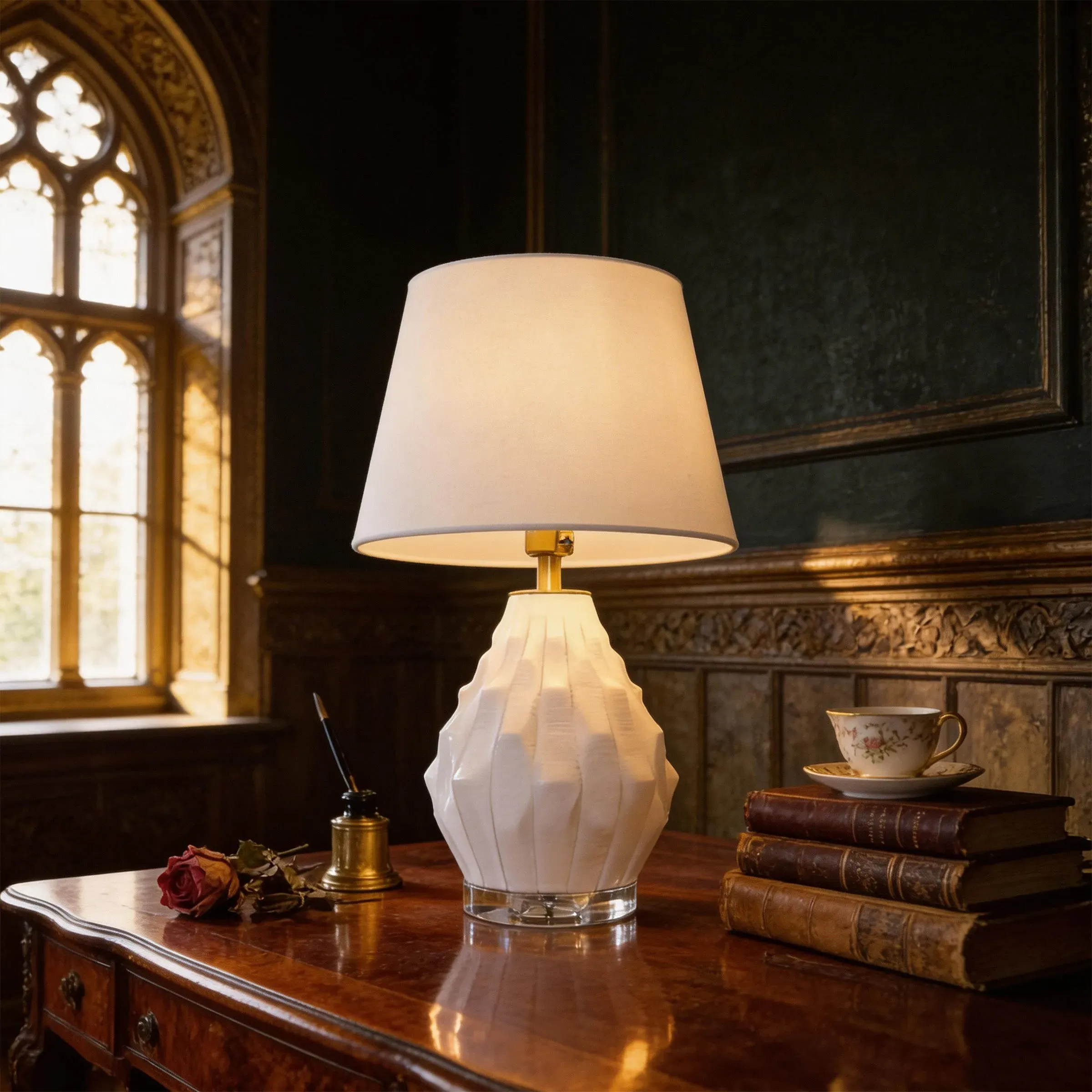 Polygonal Textured Ceramic Table Lamp with Fabric Shade - White product