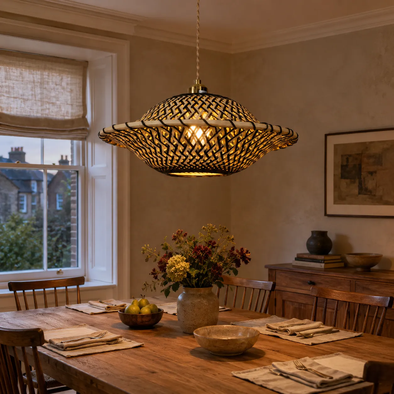 Round Pendant Light with E27 Socket - Brown, Bamboo product