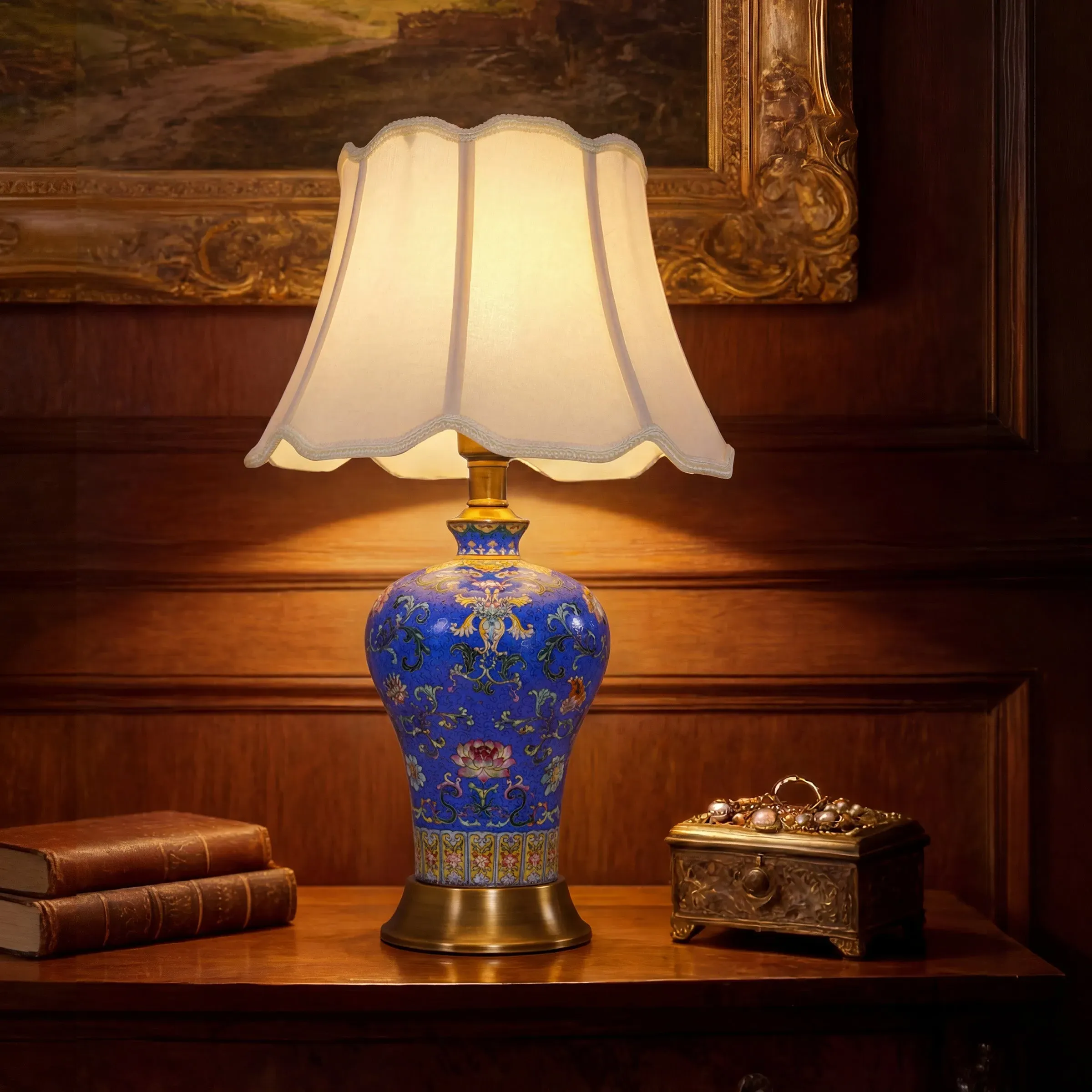 Medium Table Lamp with Floral Design - Blue, Ceramic product