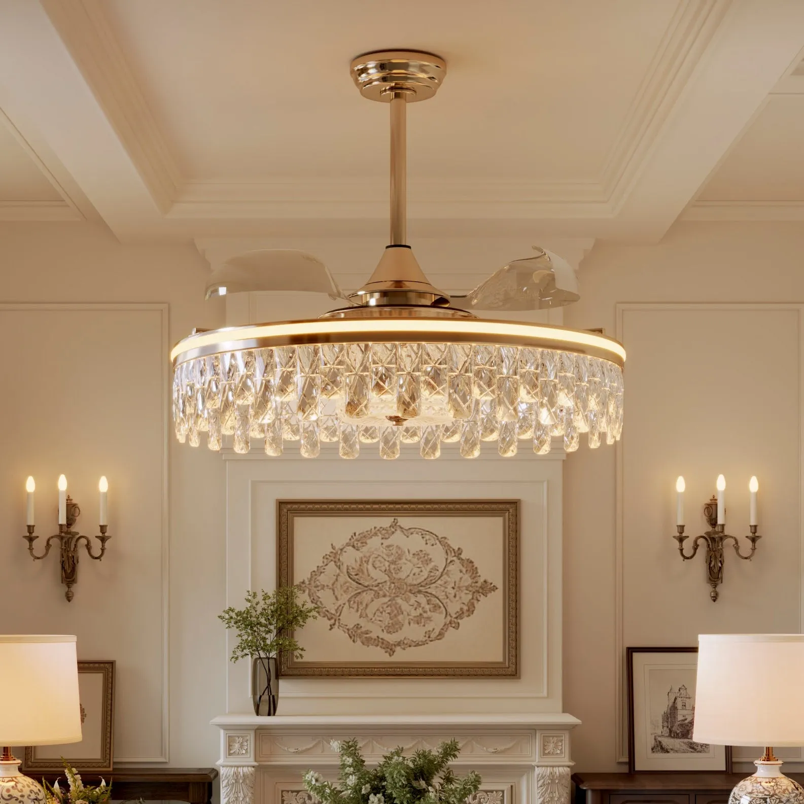 Crystal Ceiling Fan with Light and Remote, 6-Speed - Gold, Iron product