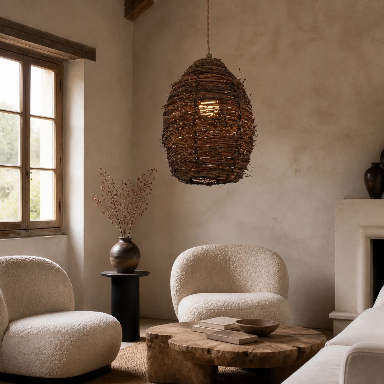 Egg-Shaped Pendant Light - Brown, Rattan product