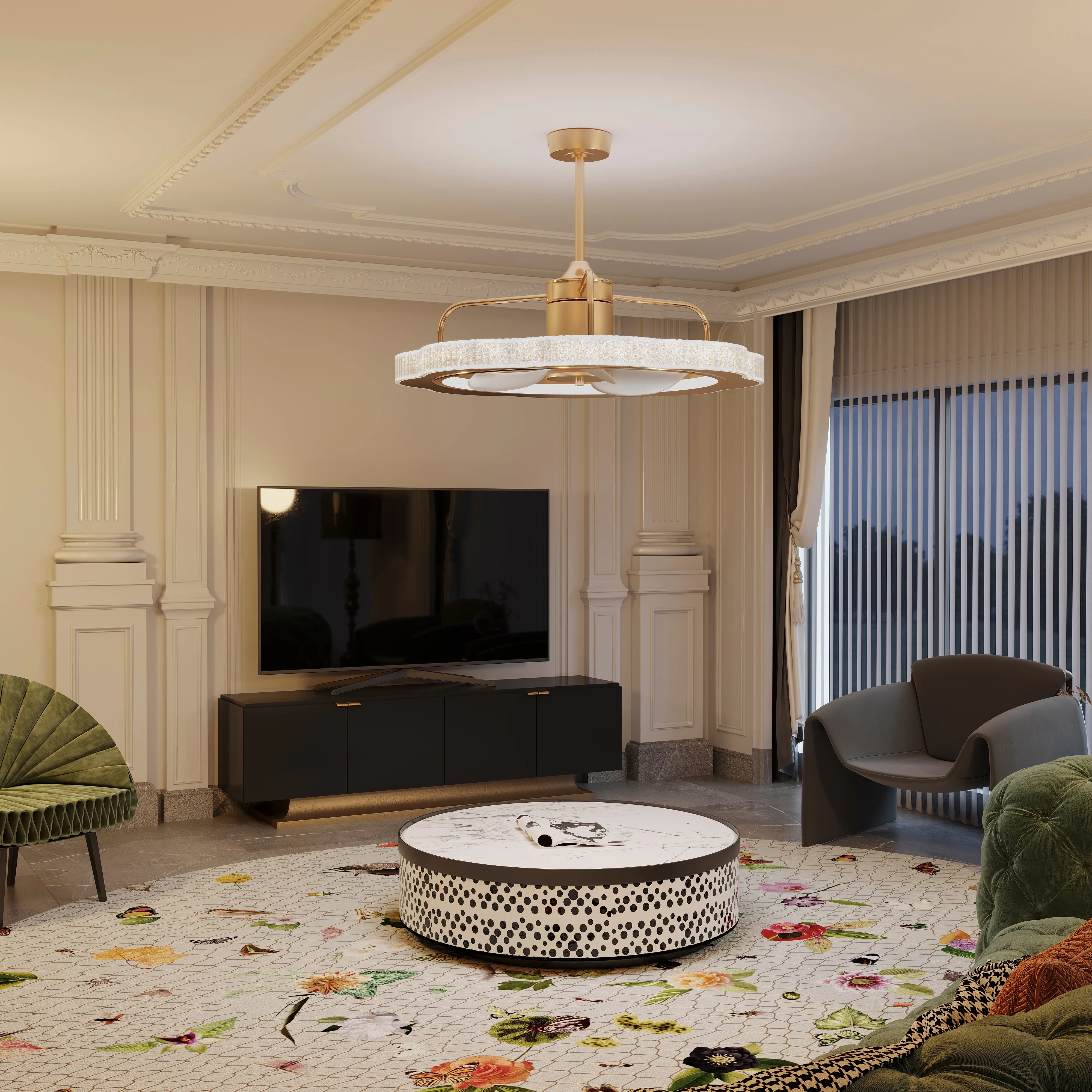 3-Blade Ceiling Fan with Light - Gold, Metal