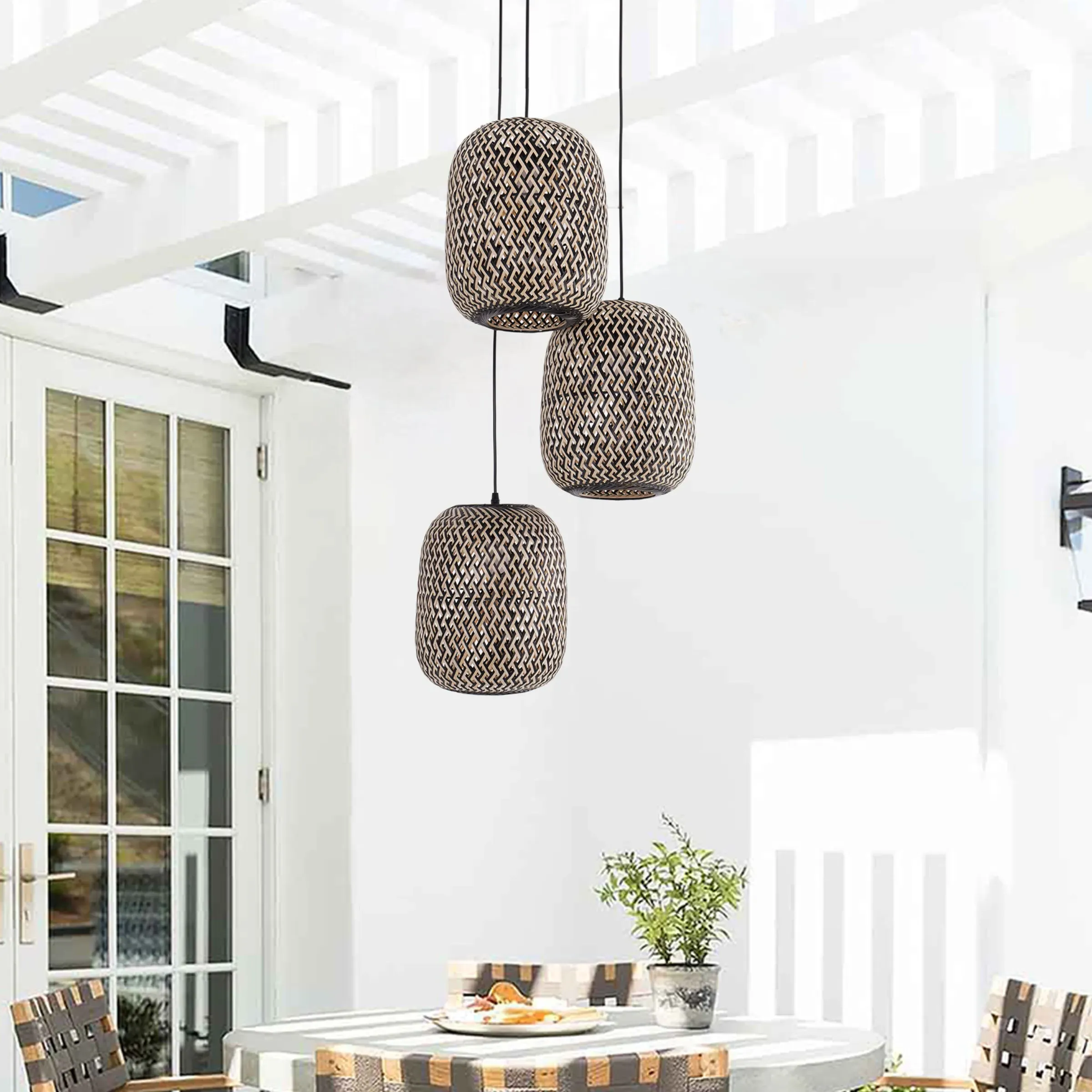3-Light Pendant Light Cross-Woven - Black, Bamboo image