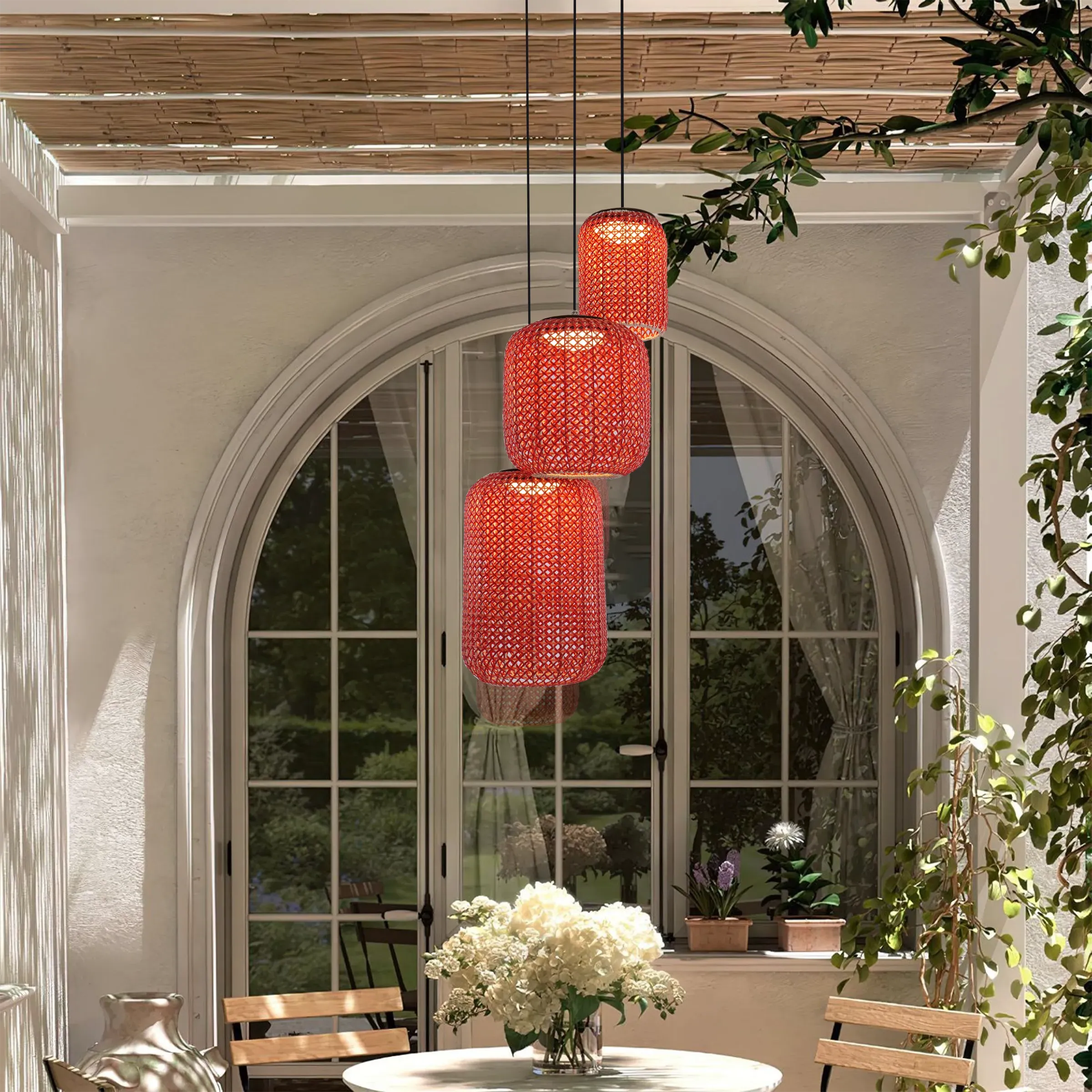 3-Light Pendant Light Handwoven - Red, Rattan