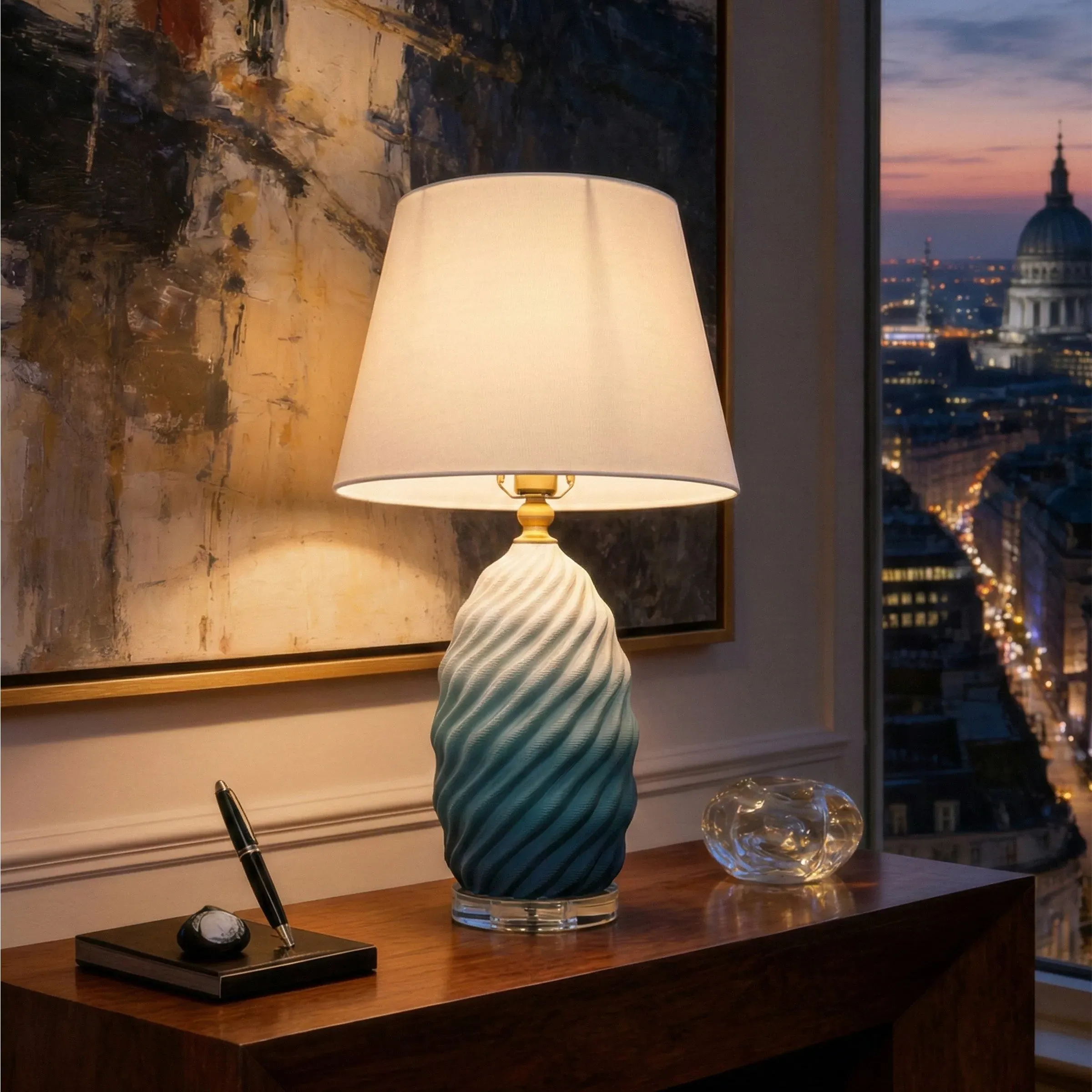 3D Gradient Threaded Ceramic Table Lamp - Blue-Green-White product
