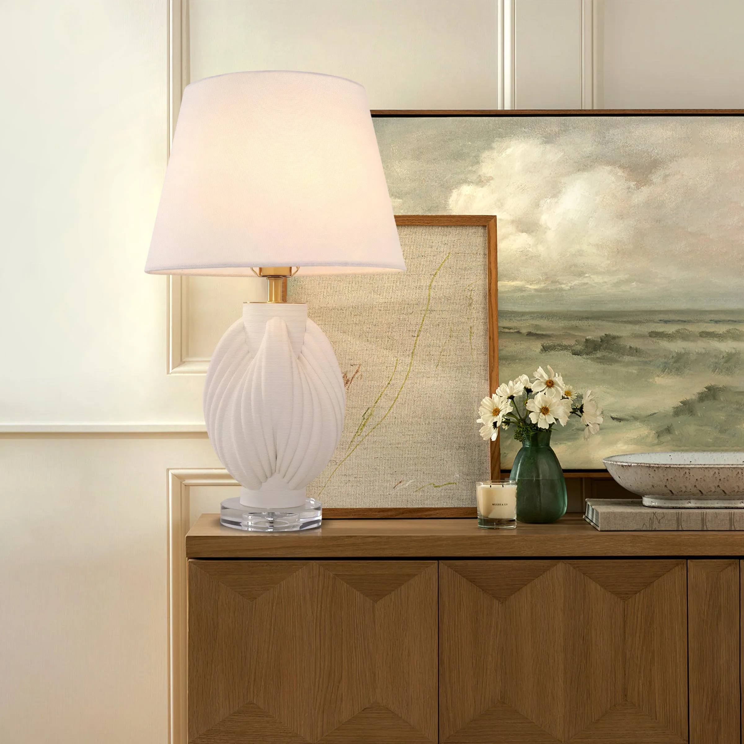 3D Pod Table Lamp with Fabric Shade - White, Ceramic image