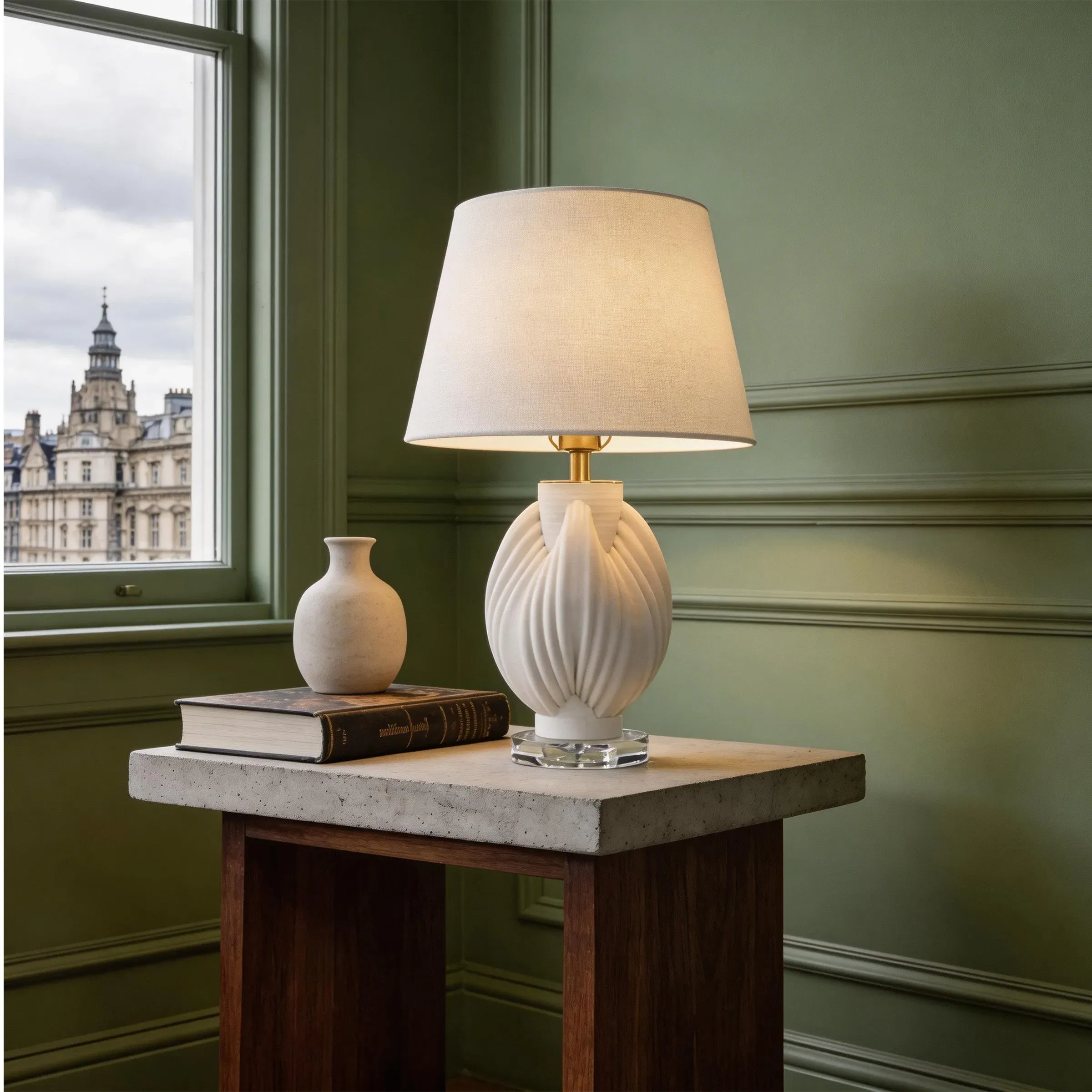 3D Pod Threaded Ceramic Table Lamp with Fabric Shade - White product