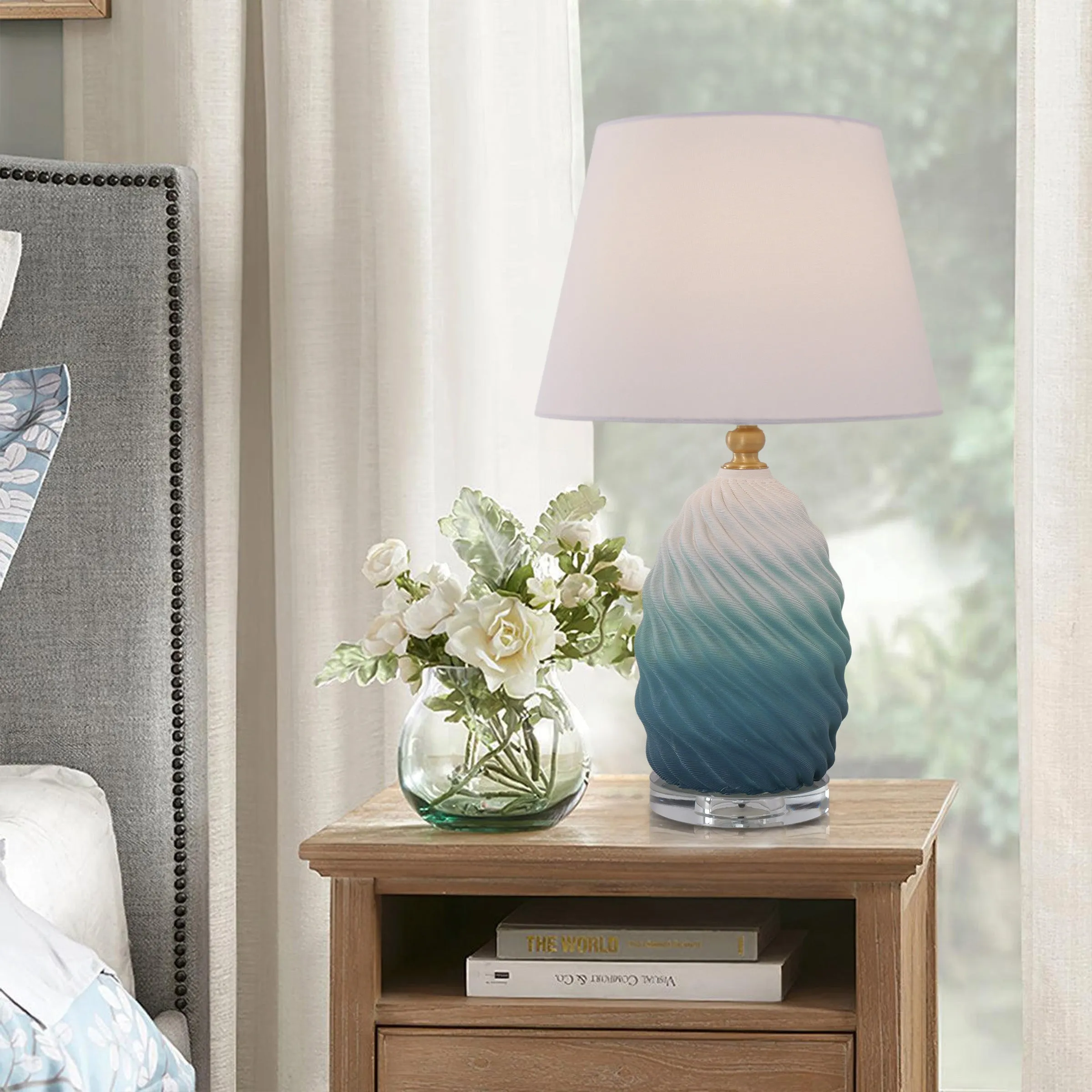 3D Spiral Table Lamp with Fabric Shade - Blue, Ceramic