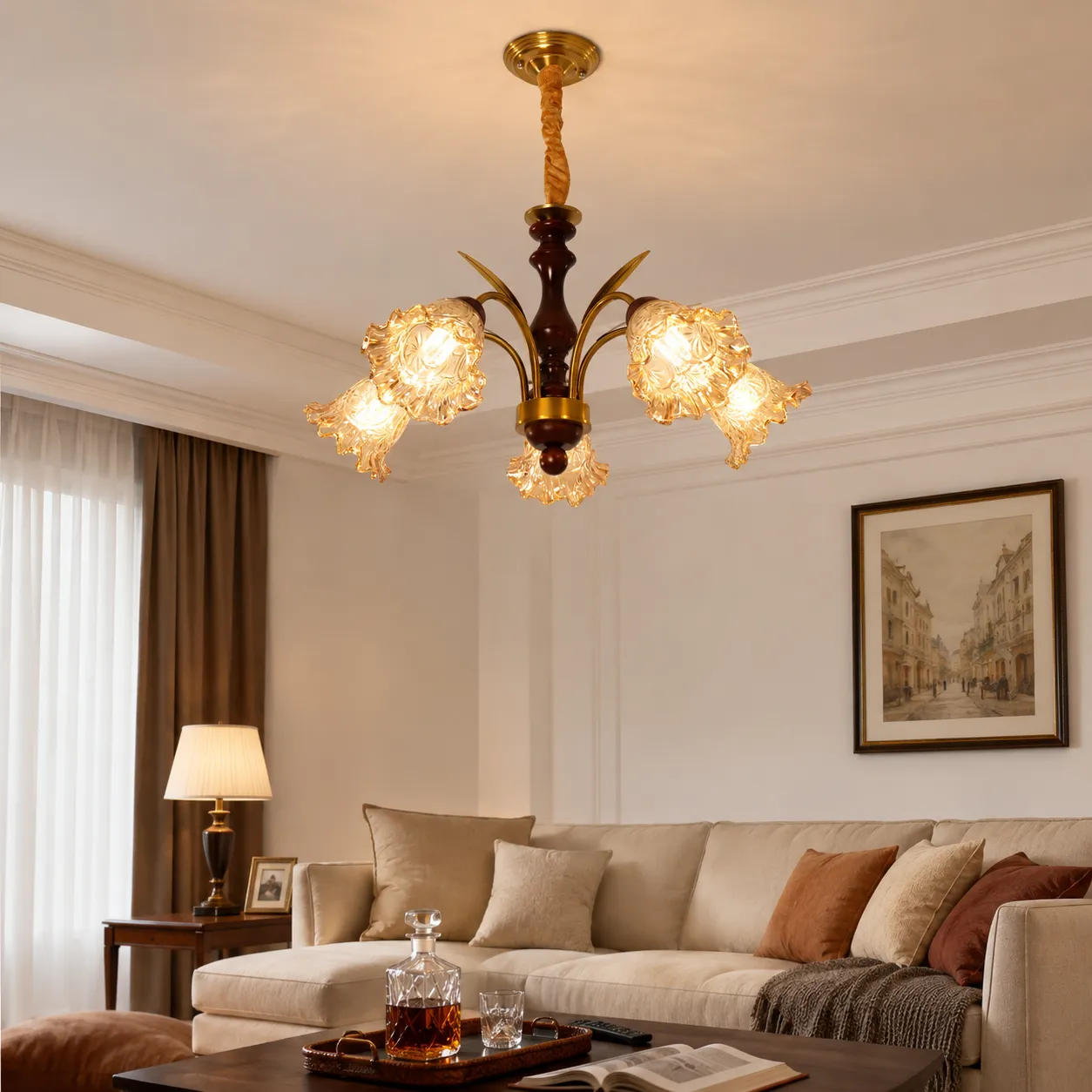 5-Light Glass Flower Chandelier Pendant Lamp - Copper product