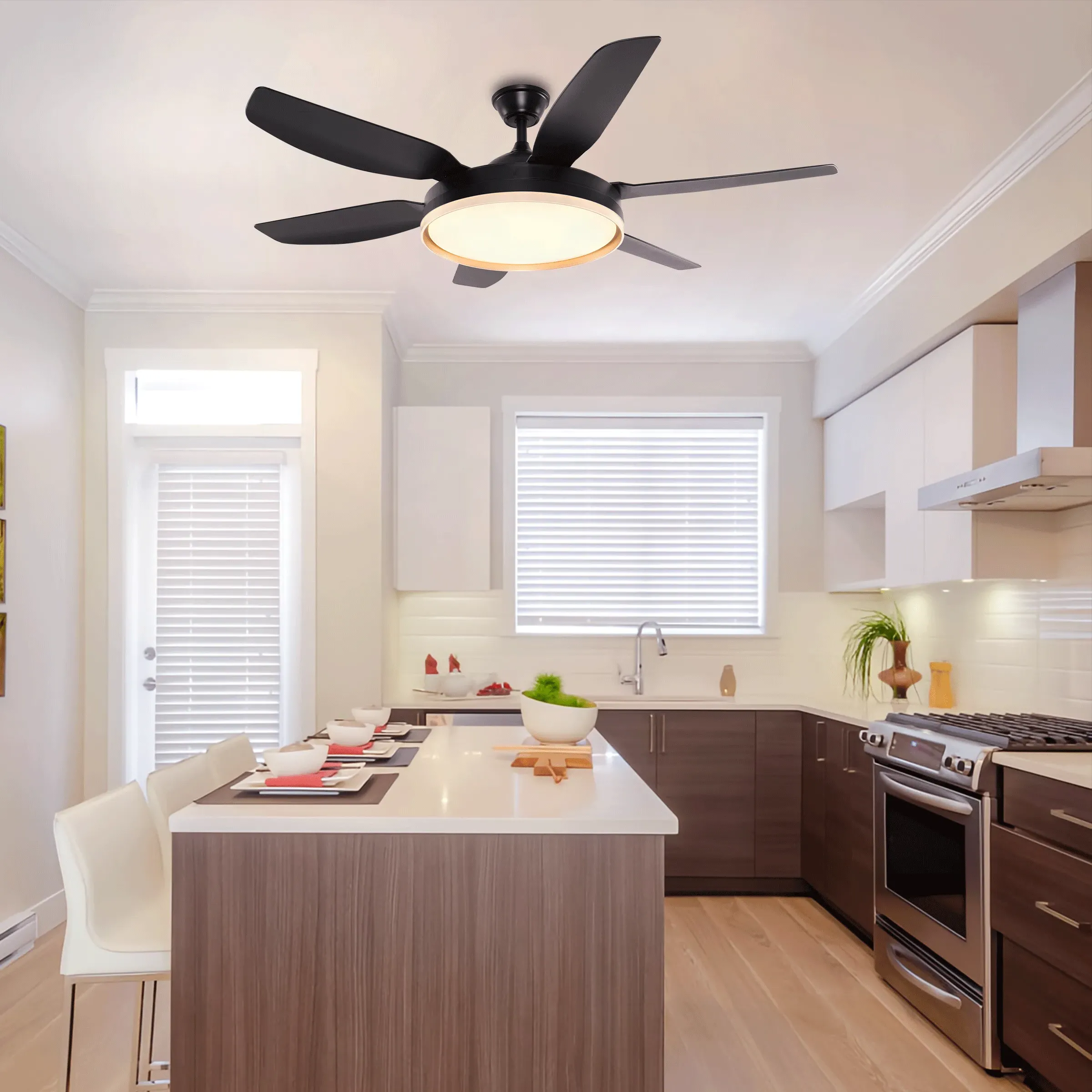 6-Blade Ceiling Fan with Light - Black, Metal image