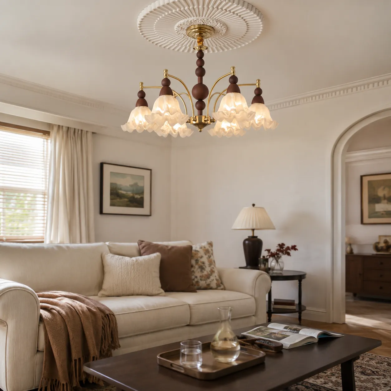 6-Light Chandelier Adjustable E27 Ceiling Lamp - White, Iron & Glass product